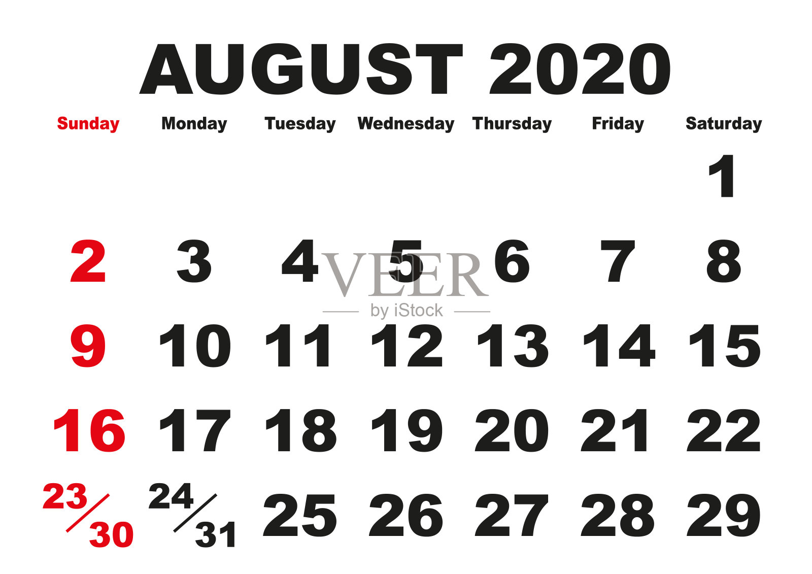 八月月历2020英语美国设计模板素材