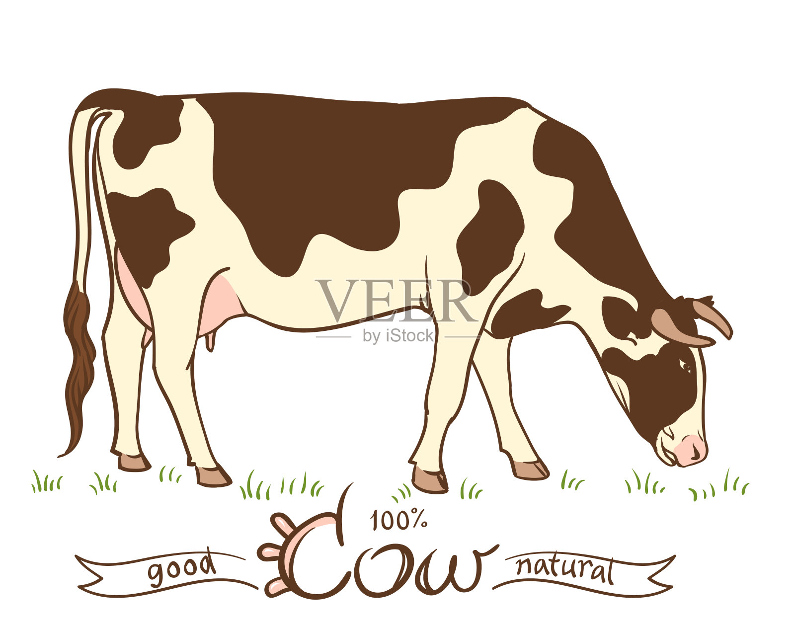 草地上有斑点的牛，吃草。白色背景上的剪影插画图片素材
