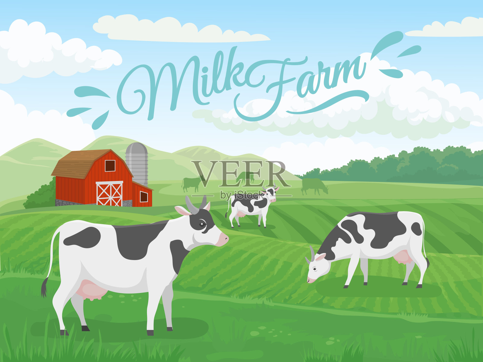 牛奶农田。奶牛农场景观，奶牛在牧场和乡村农场的牛矢量插图插画图片素材