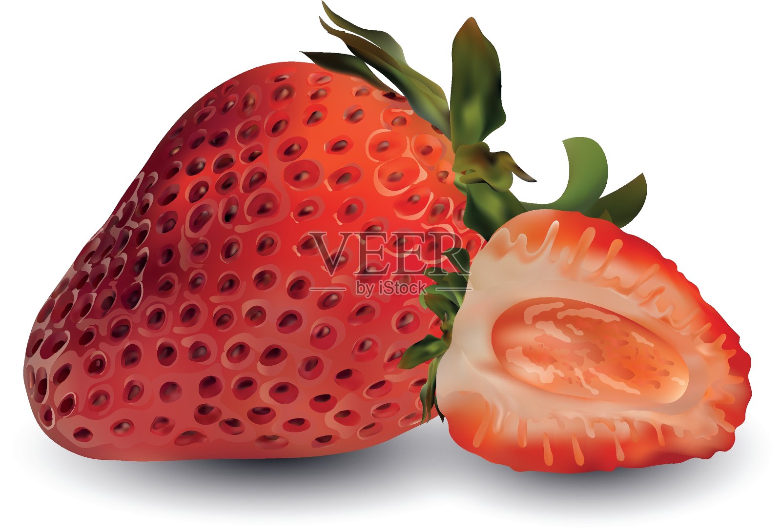 草莓逼真的三维矢量。生的草莓水果。切片草莓孤立在白色背景。良好的营养，健康的食物和生活方式的概念。矢量图插画图片素材