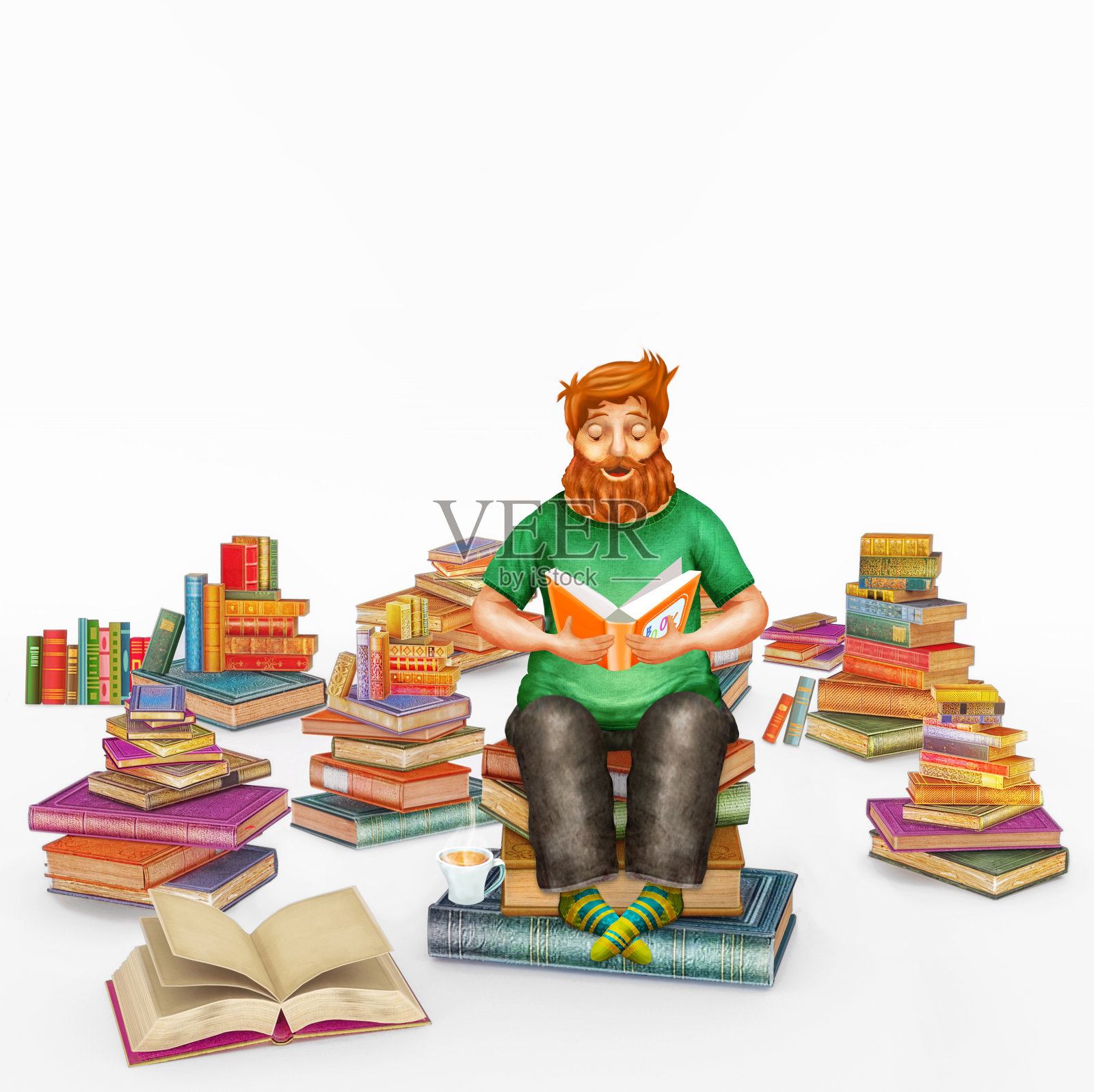 3D插图渲染的年轻的姜男子阅读一本书插画图片素材