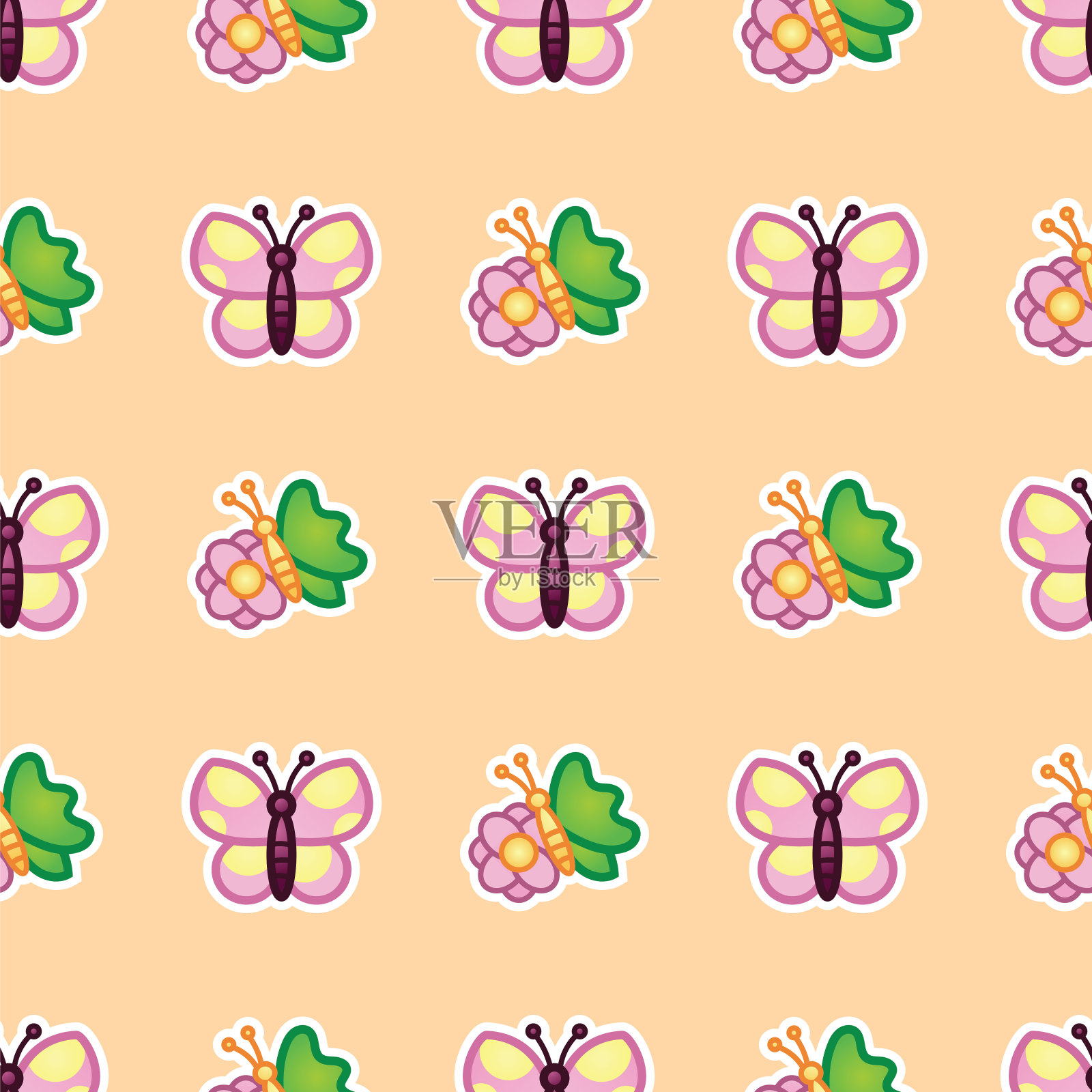 蝴蝶和盛开的花园花朵图案背景。粉红色开花的野花和蝴蝶在夏季的大自然中无缝图案插画图片素材