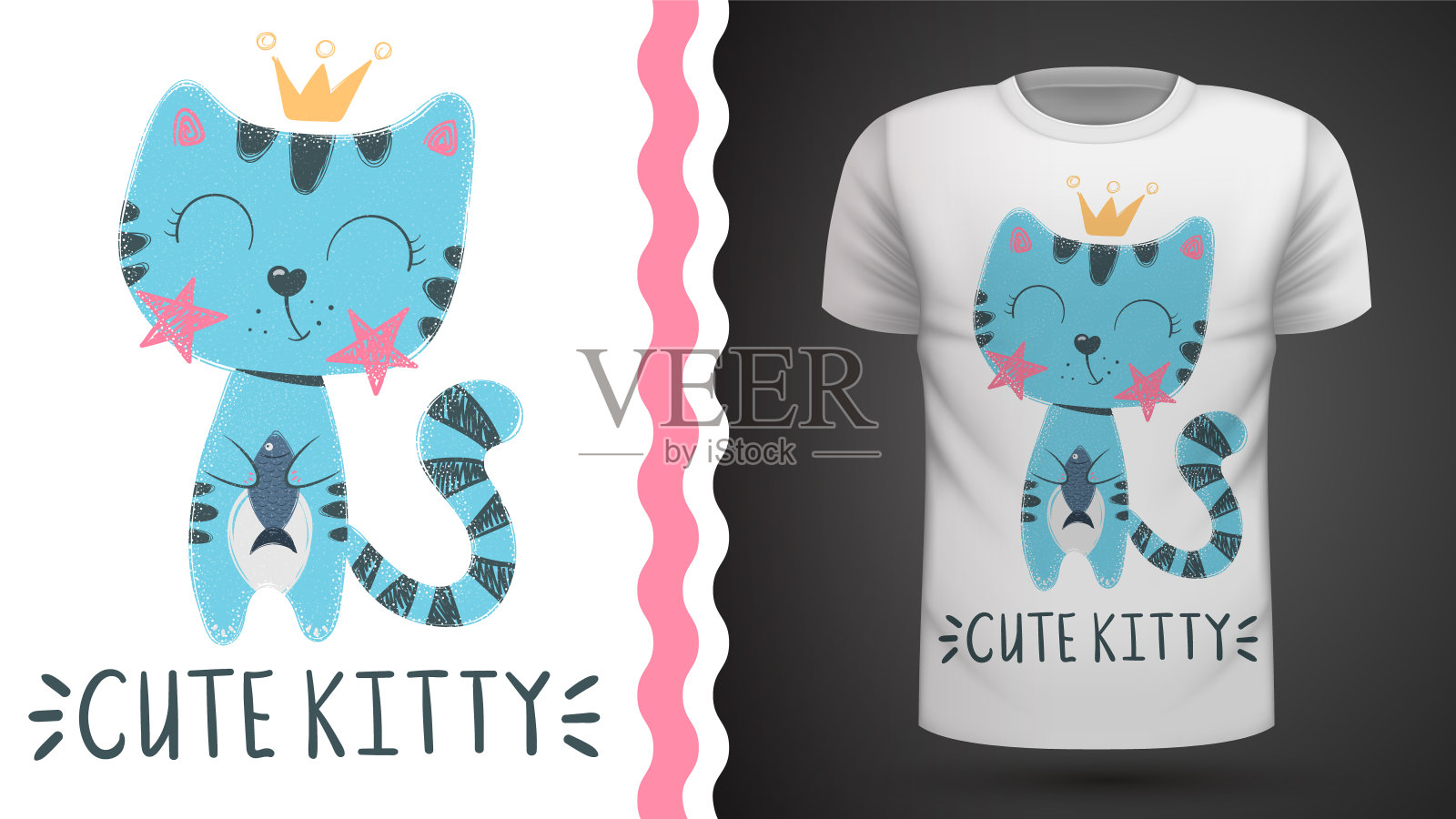 可爱的猫——印花t恤的创意。插画图片素材