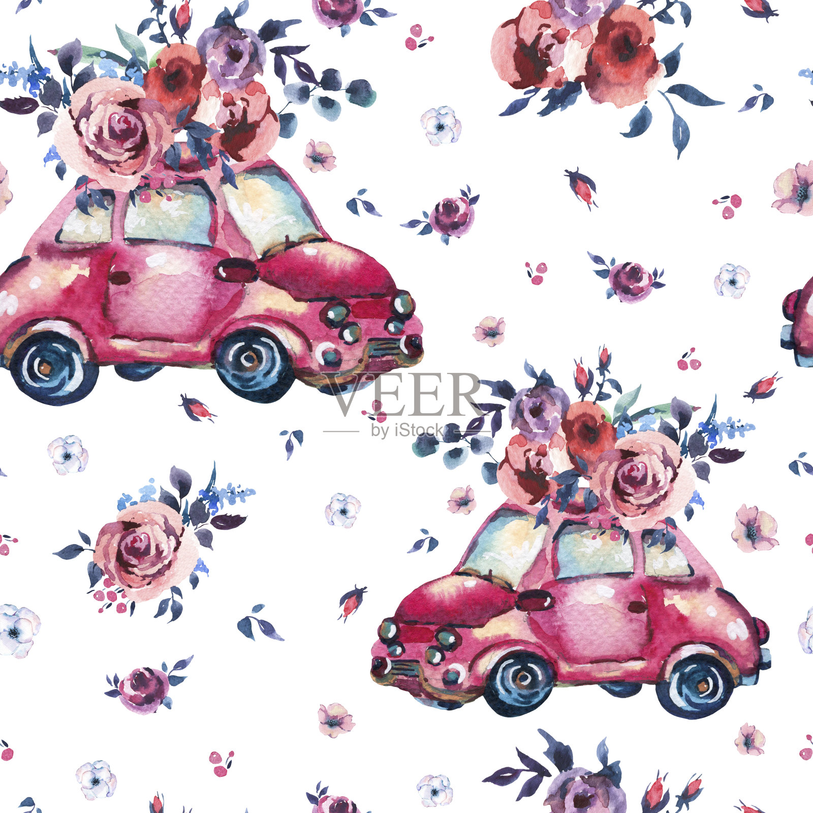 水彩幻想无缝图案可爱的红色复古车，野花和玫瑰插画图片素材