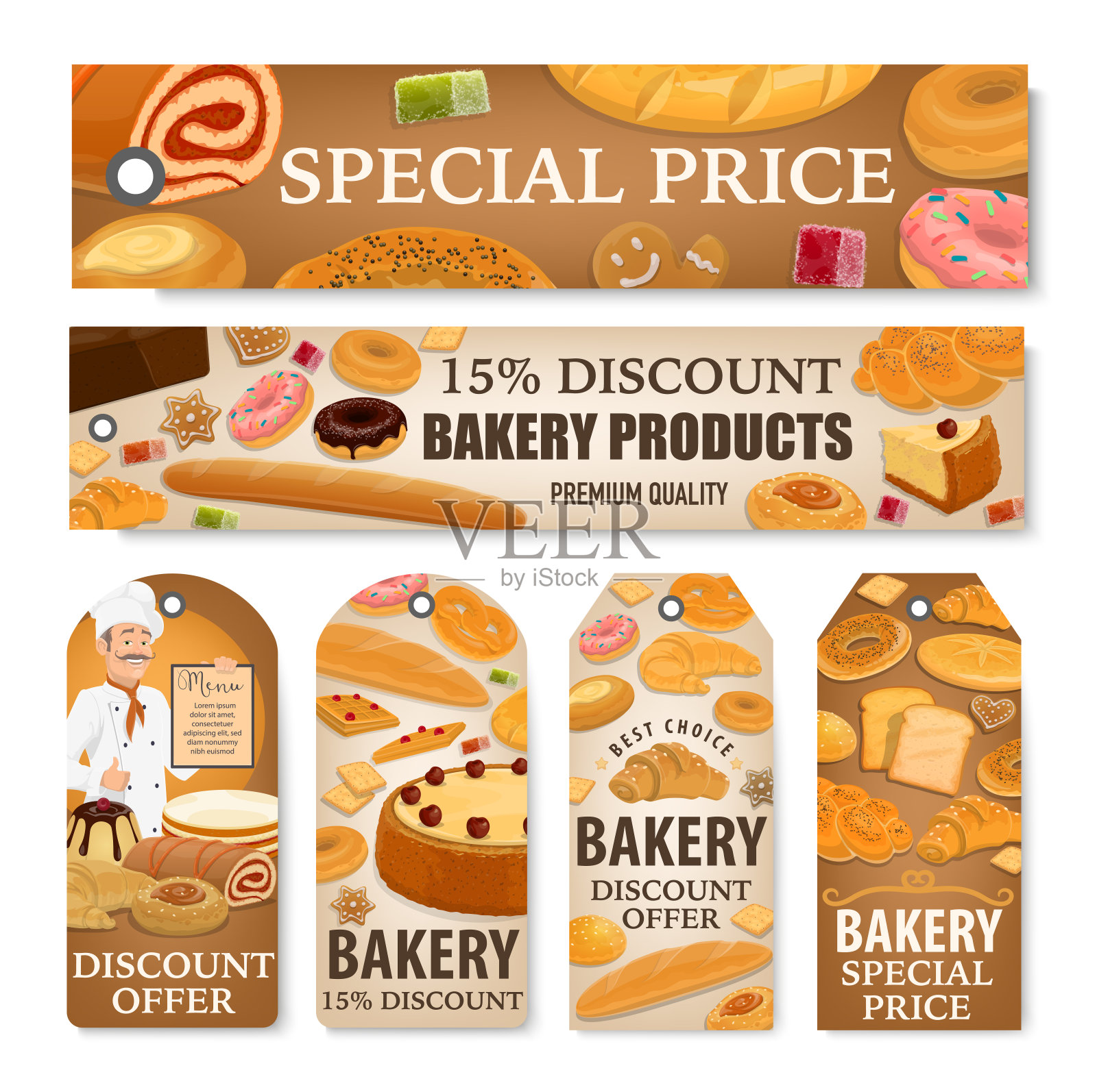 面包店的面包，甜糕点甜点的折扣标签插画图片素材