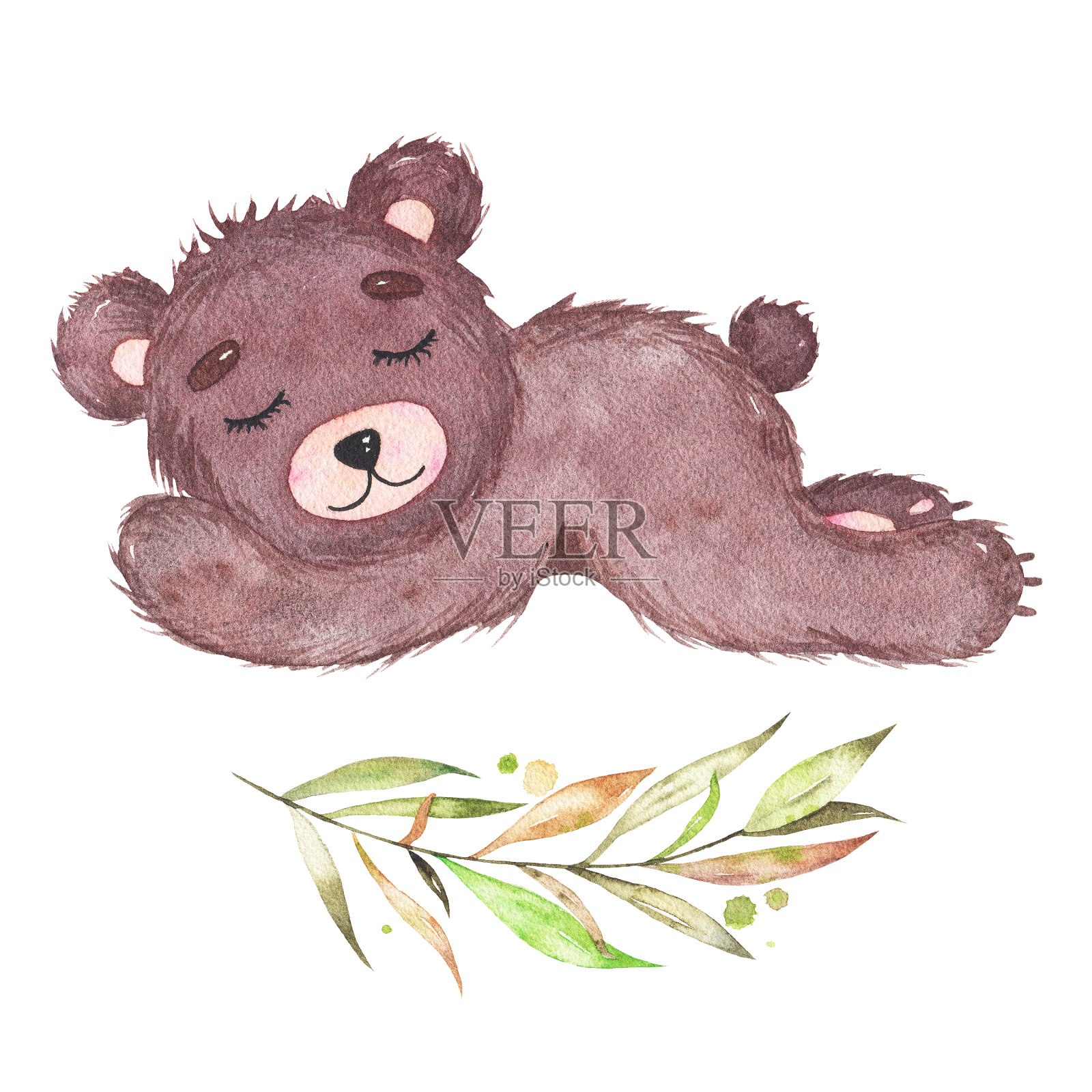 水彩可爱的小熊宝宝睡觉森林动物孤立在白色的背景插画图片素材