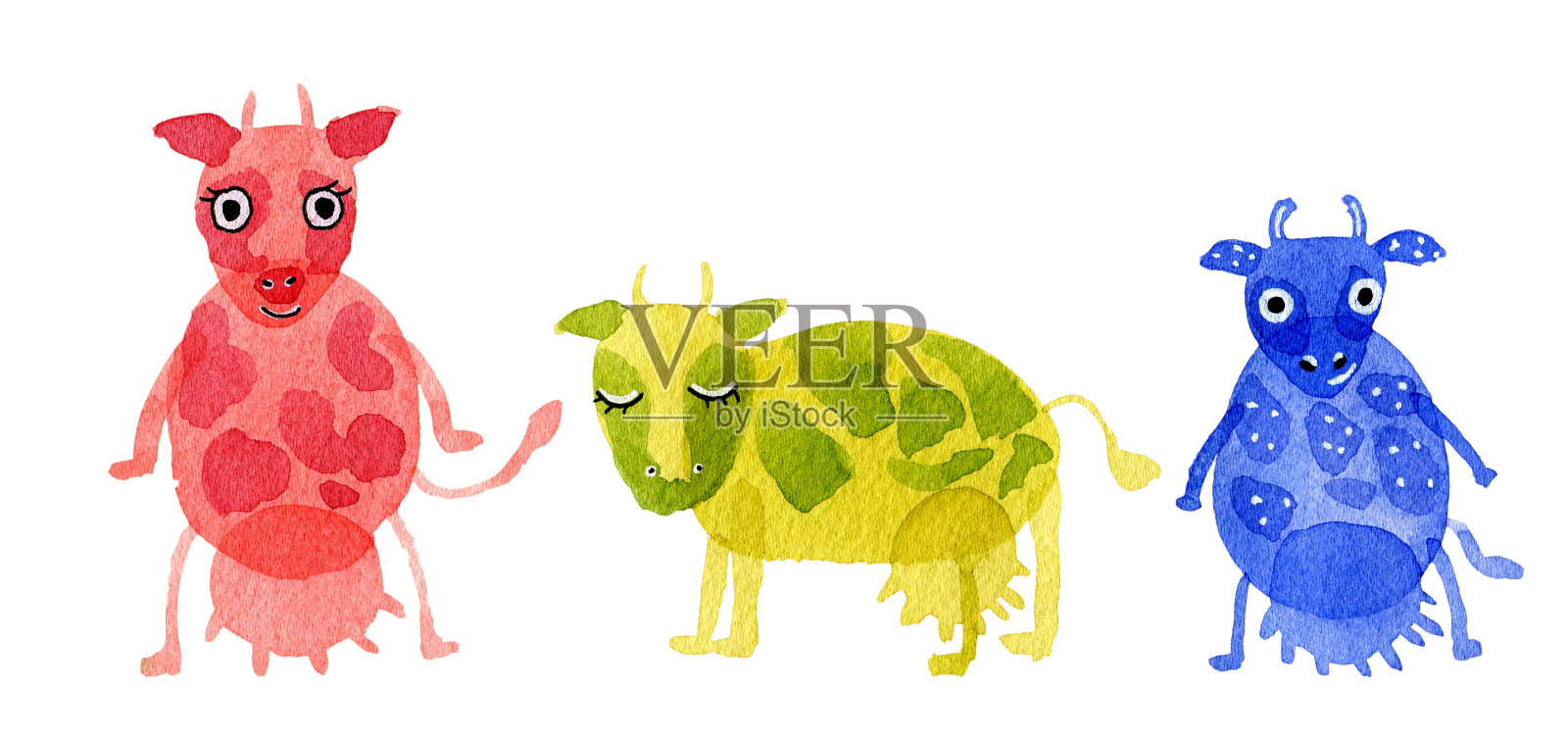 手绘水彩插图设置有趣的卡通牛和草:粉色，蓝色，紫色，橙色，绿色孤立在白色的背景插画图片素材