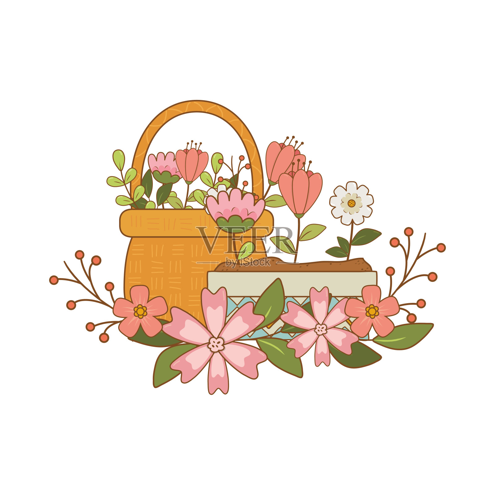 花盆和篮子里的稻草上有美丽的花朵插画图片素材