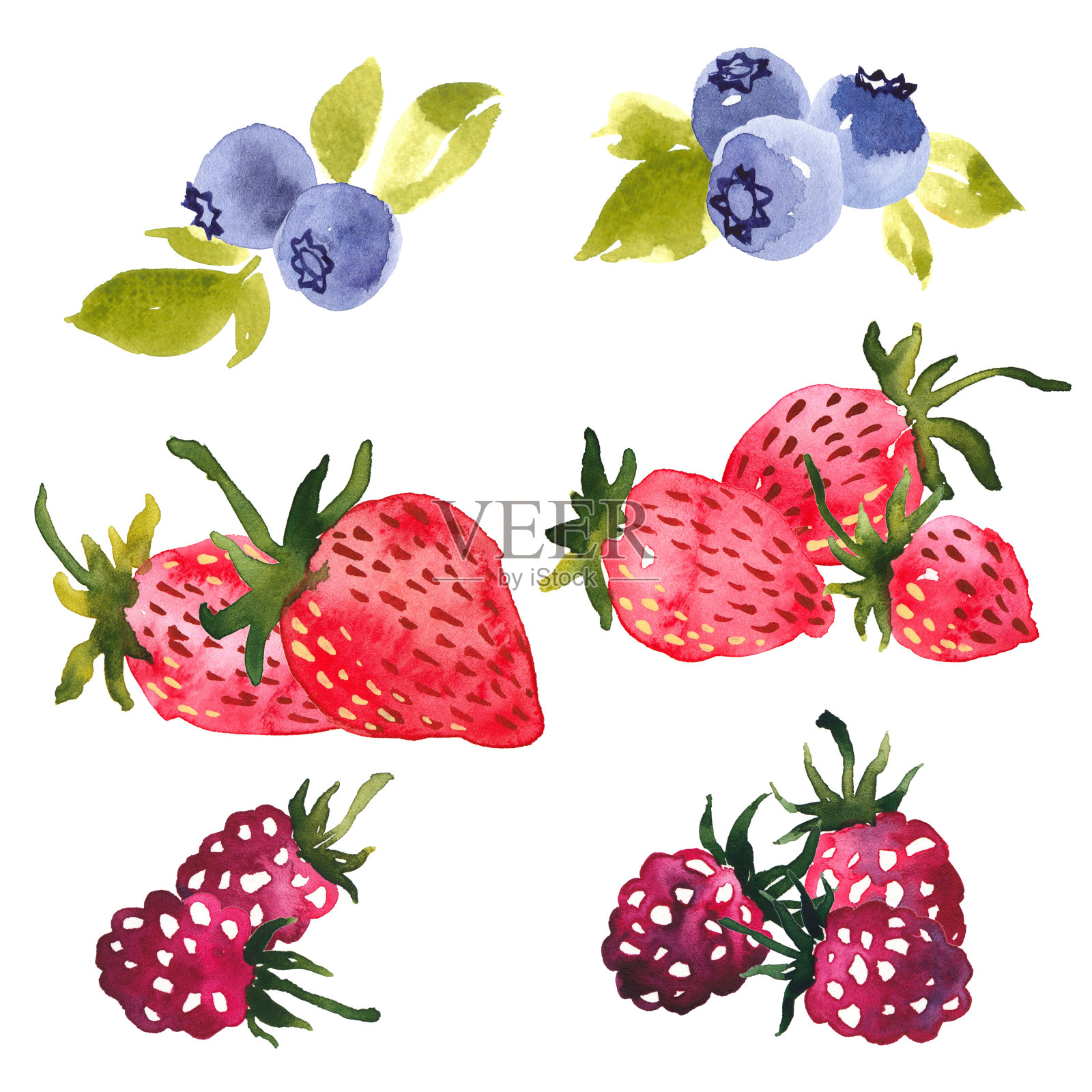 水彩剪辑艺术选择夏天的浆果。草莓、蓝莓和覆盆子插画图片素材