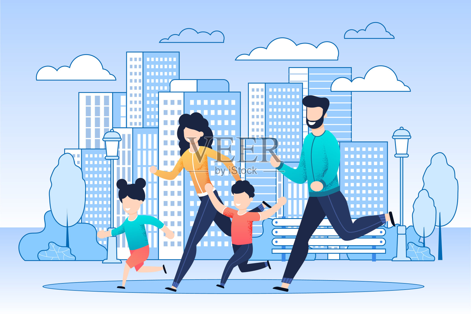 快乐家庭在城市平地慢跑插图插画图片素材