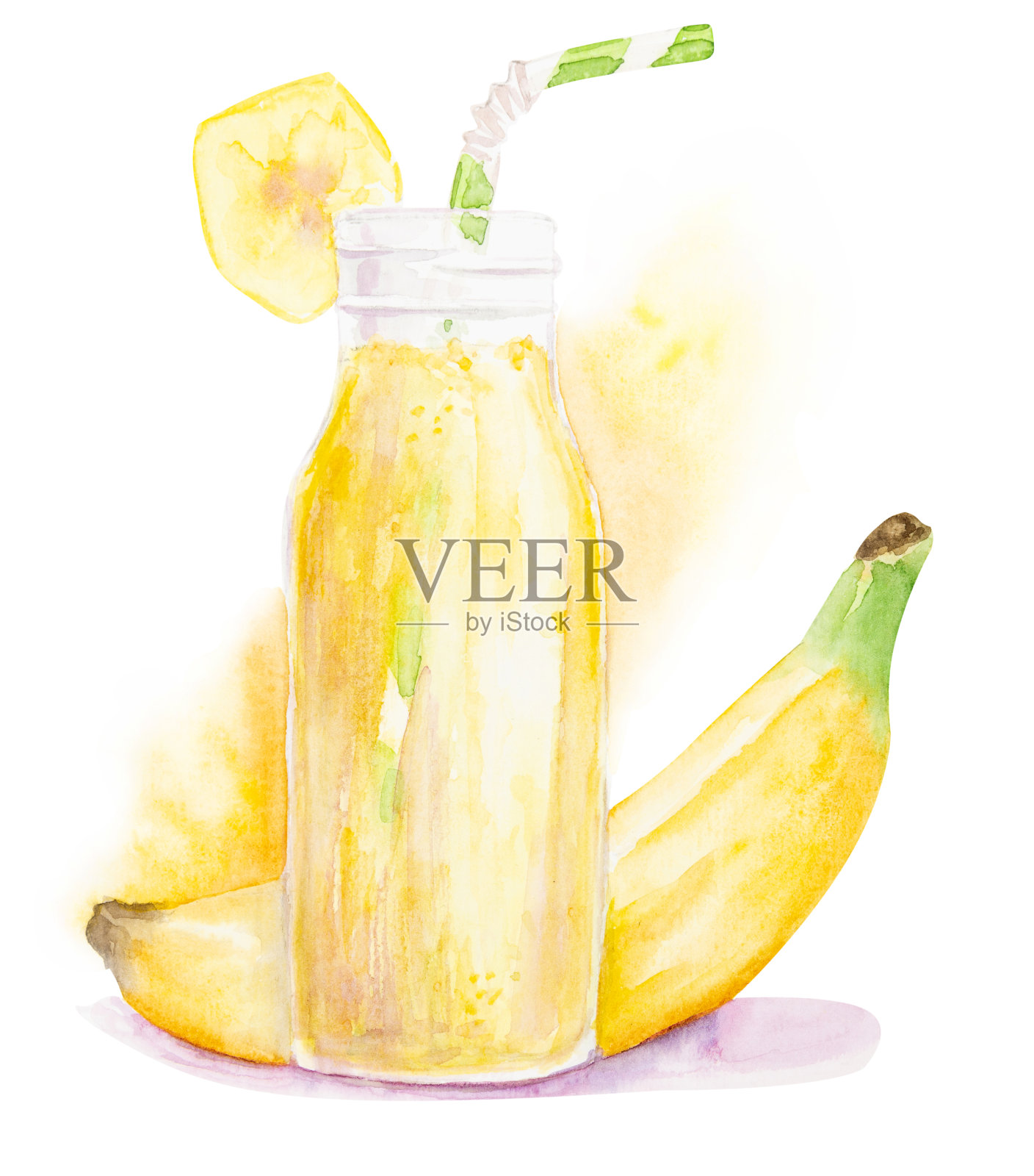 香蕉奶昔在一个玻璃装饰用一片香蕉和饮用吸管水彩飞溅背景手绘插图与剪切路径插画图片素材