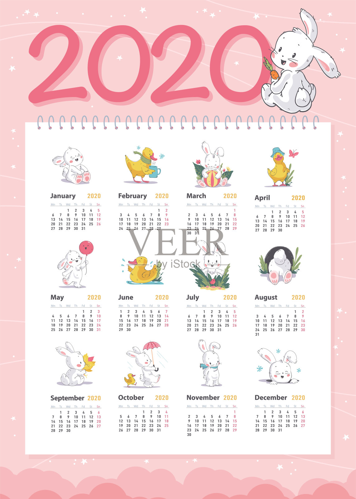 矢量婴儿日历2020年模板与可爱的小白兔和黄色有趣的鸭子字符在手绘风格走，笑，坐，玩设计模板素材