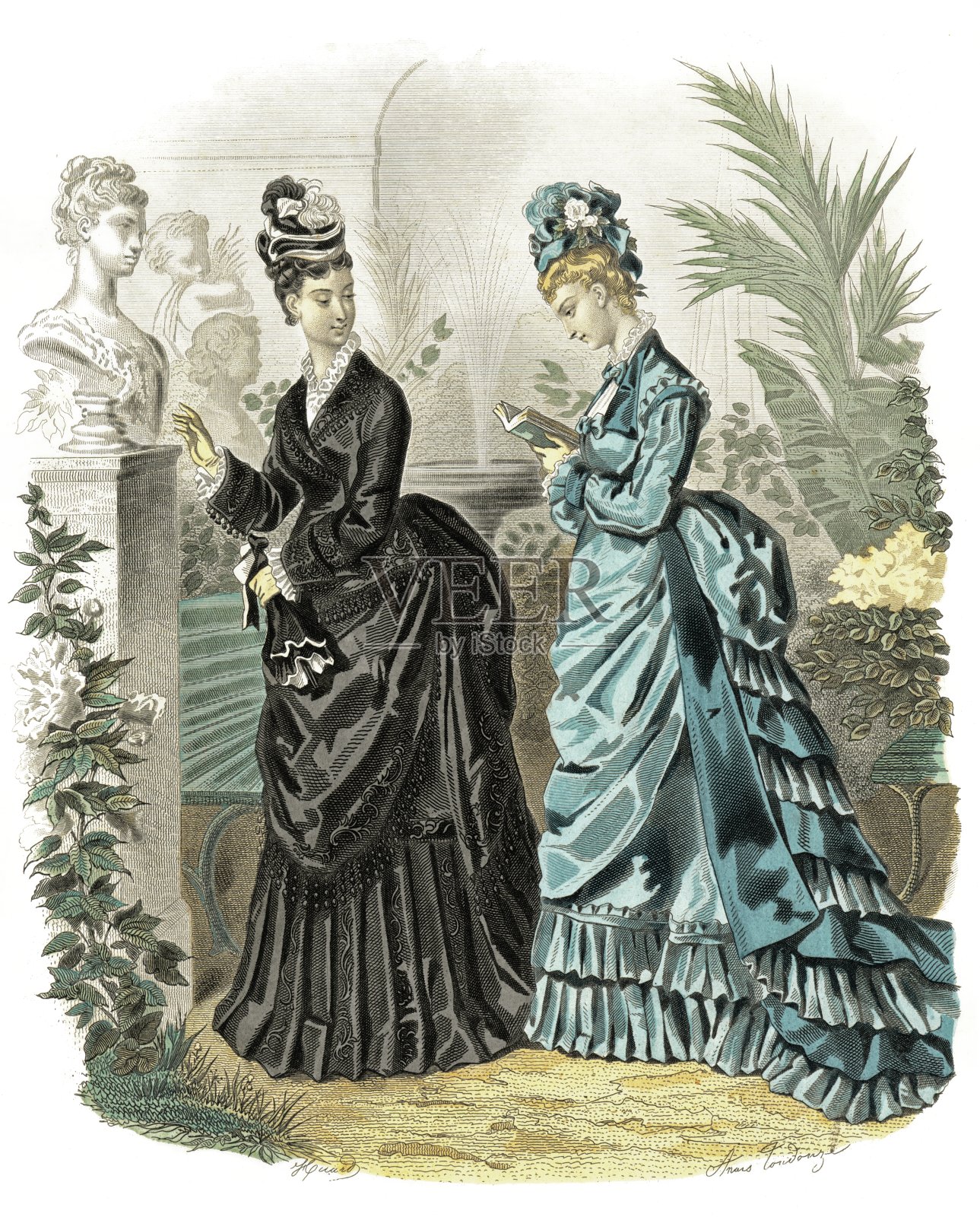 黑色罗缎连衣裙-塔夫绸羊毛和丝绸连衣裙在浅蓝色。优雅时尚1874插画图片素材