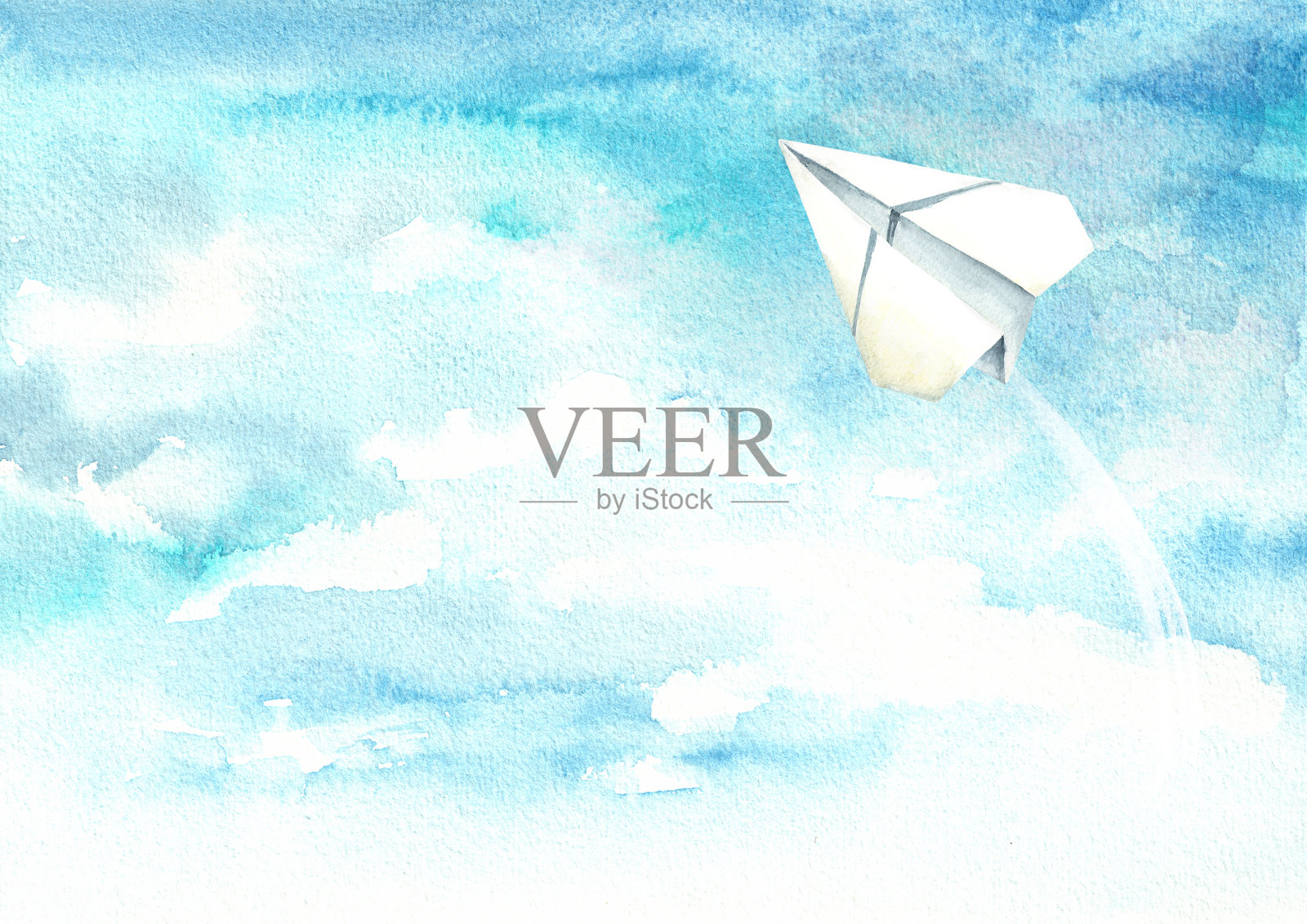 纸飞机在蓝天。旅行的概念。水彩手绘插图孤立的白色背景插画图片素材