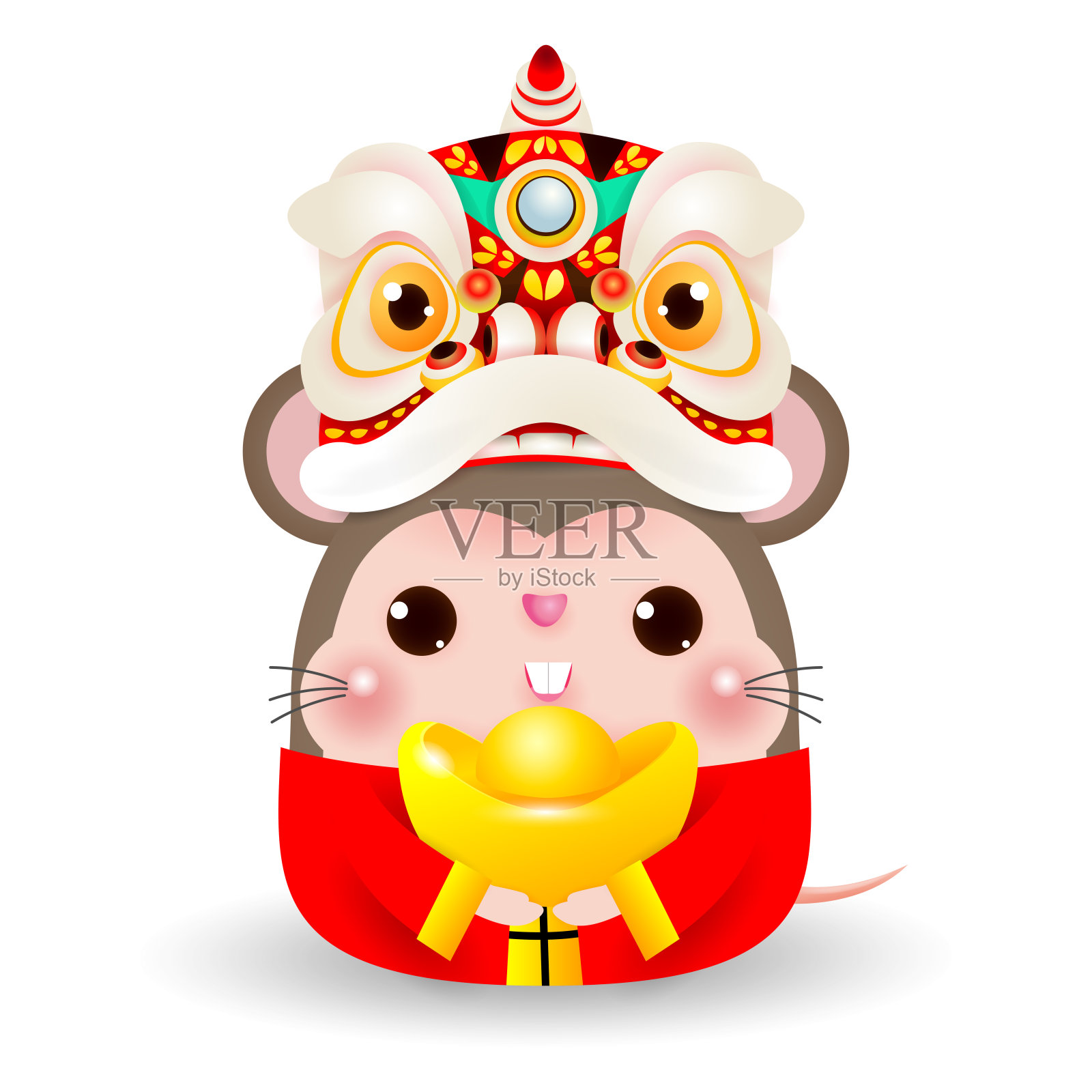 狮子头小老鼠手持中国黄金，快乐农历新年2020年鼠生肖，白色背景孤立的卡通矢量插图。插画图片素材