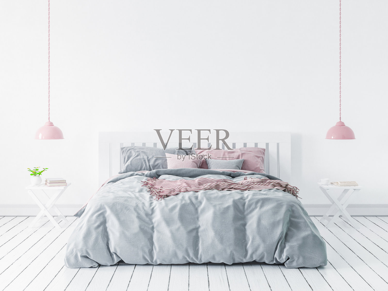 现代卧室的墙面模型，斯堪的纳维亚风格，3d渲染照片摄影图片