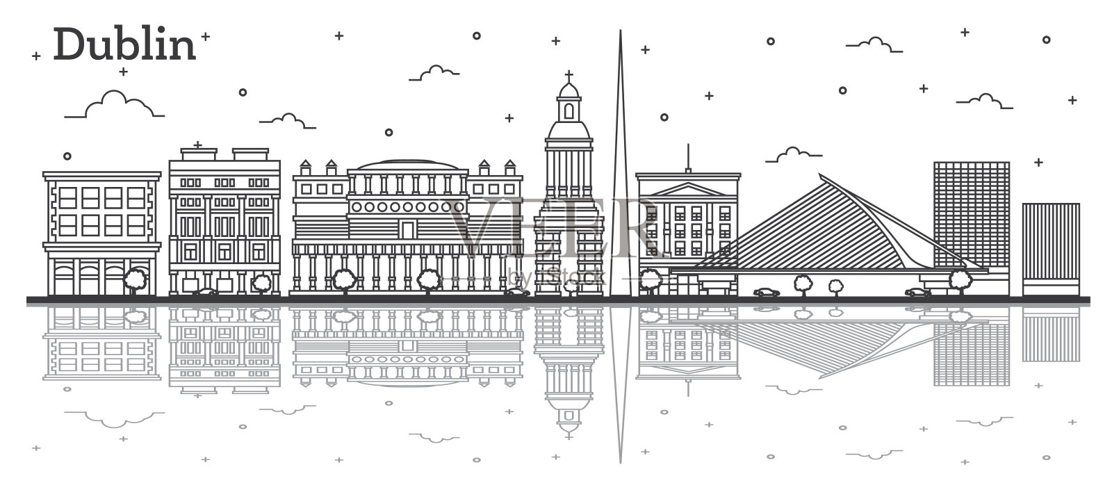 轮廓都柏林爱尔兰城市天际线与历史建筑和反射孤立在白色。插画图片素材