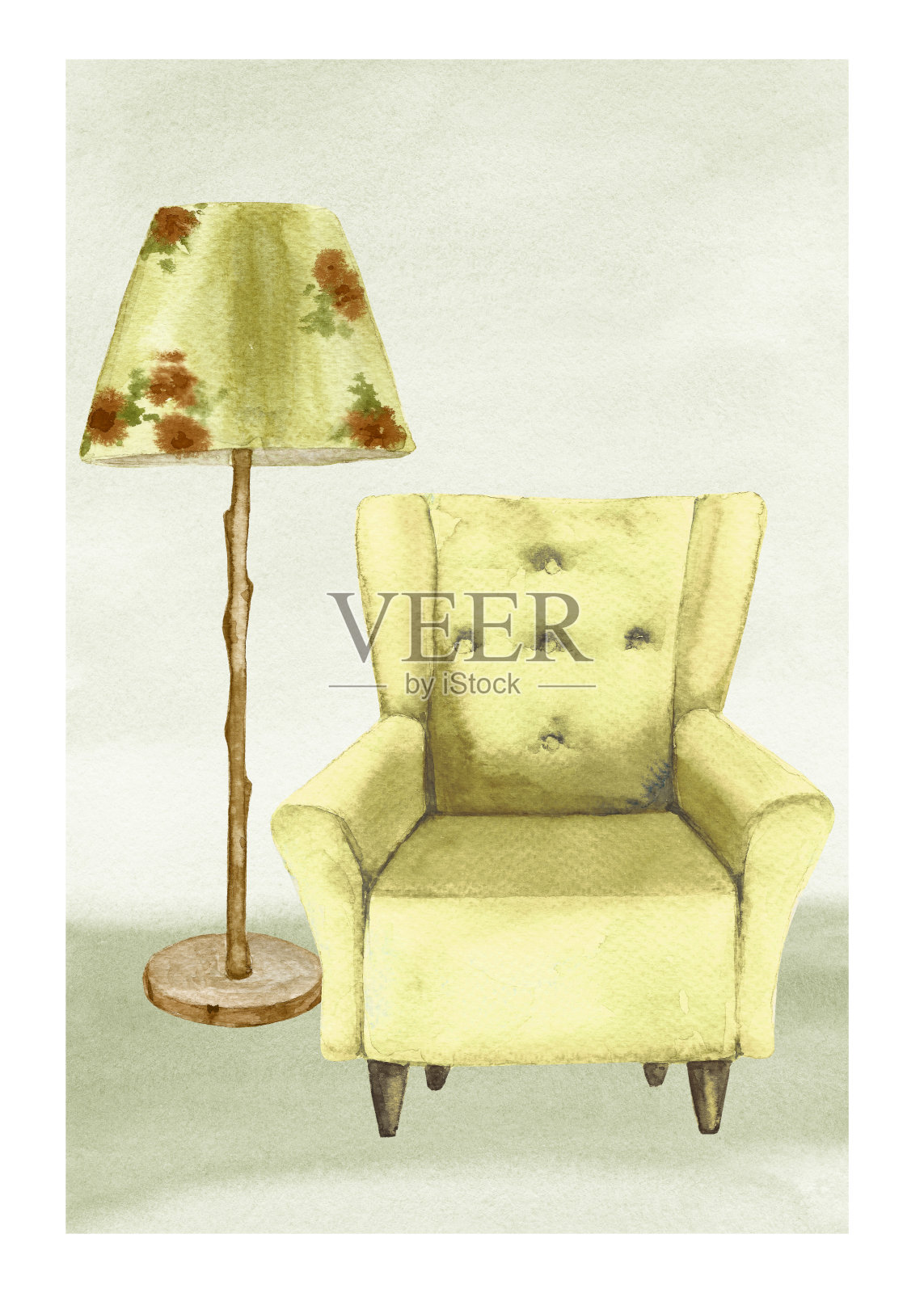 室内的图像有一把椅子和一盏灯。孤立在白色背景上。插画图片素材
