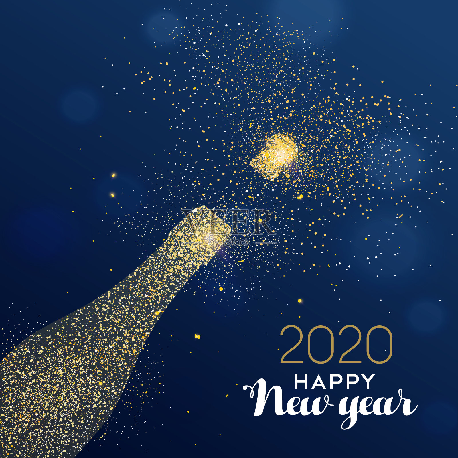 闪闪发光的香槟瓶的2020年新年卡片设计模板素材