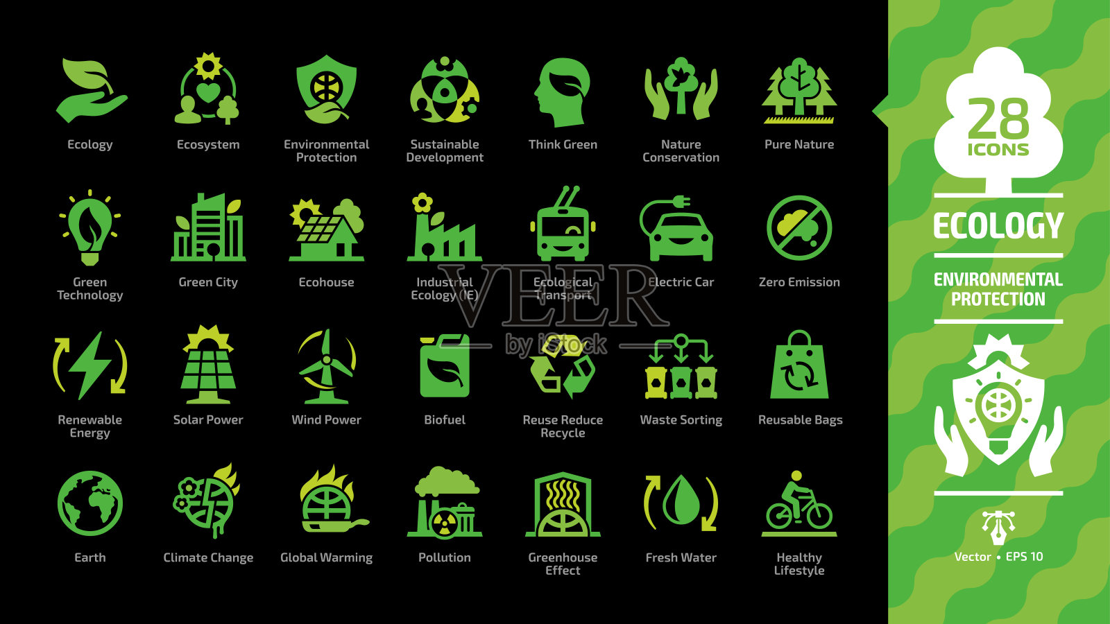 生态绿色图标设置在黑色背景上，以生态城市、生态技术、可再生能源、环境保护、可持续发展、自然保护和气候变化为标志。插画图片素材