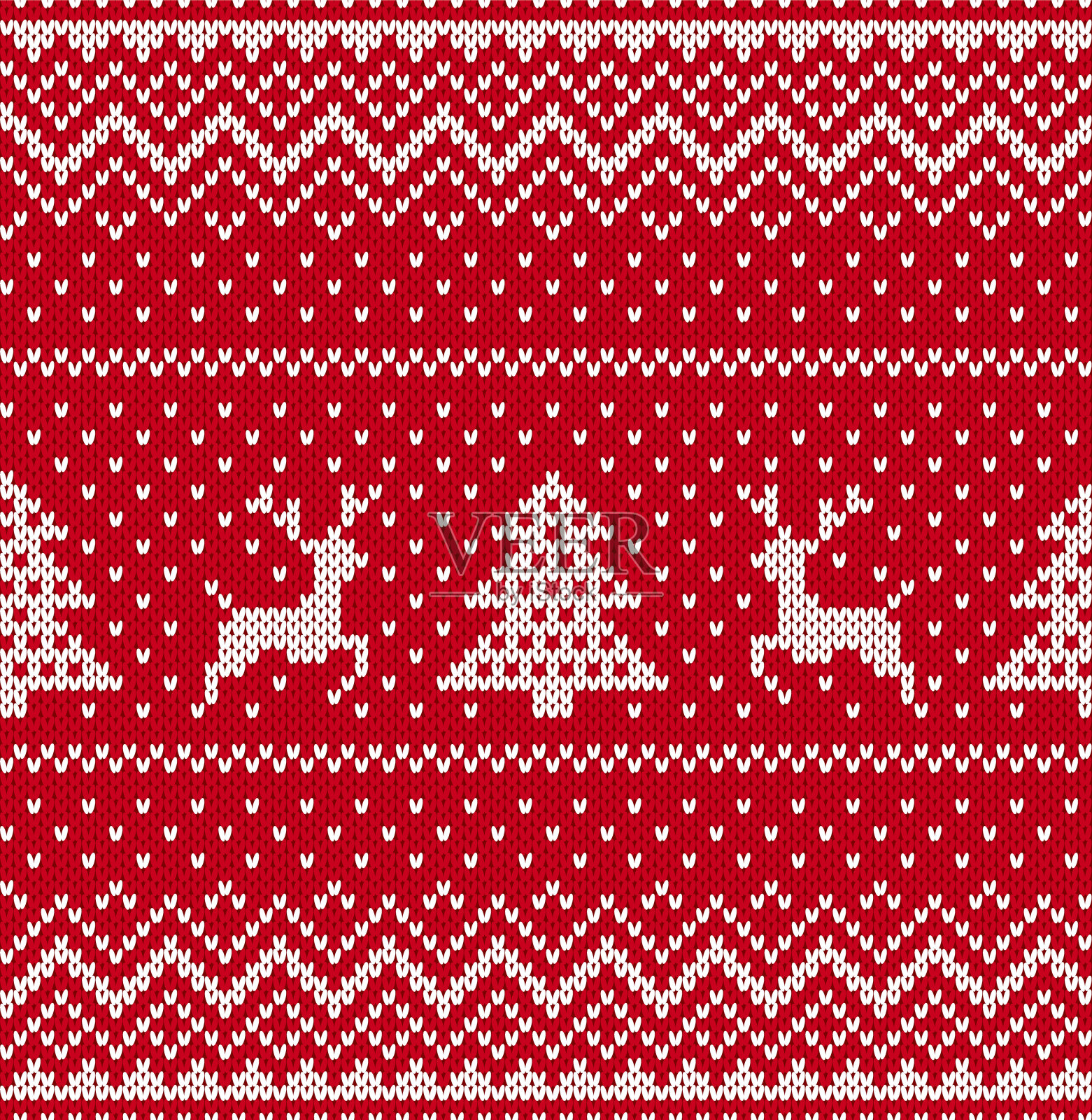 圣诞编织几何装饰与麋鹿和圣诞树在红色和白色的颜色。针织无缝图案的毛衣插画图片素材