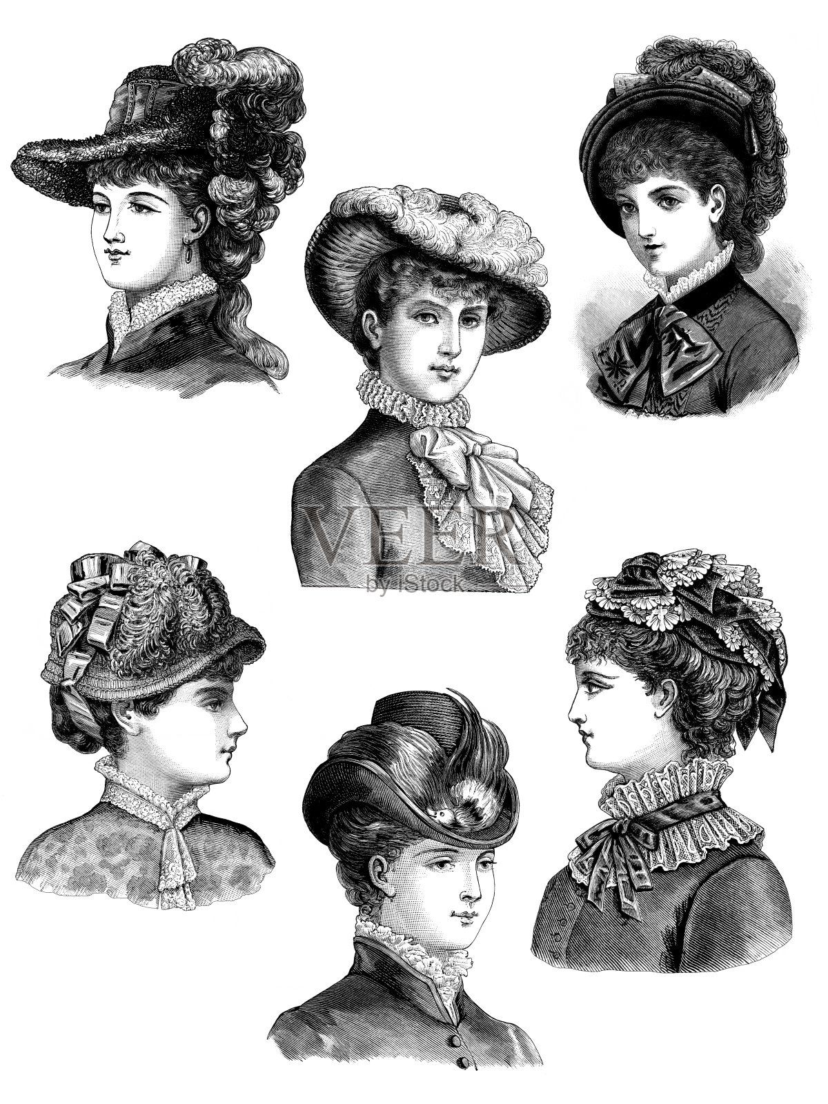 维多利亚妇女与帽子插图集插画图片素材