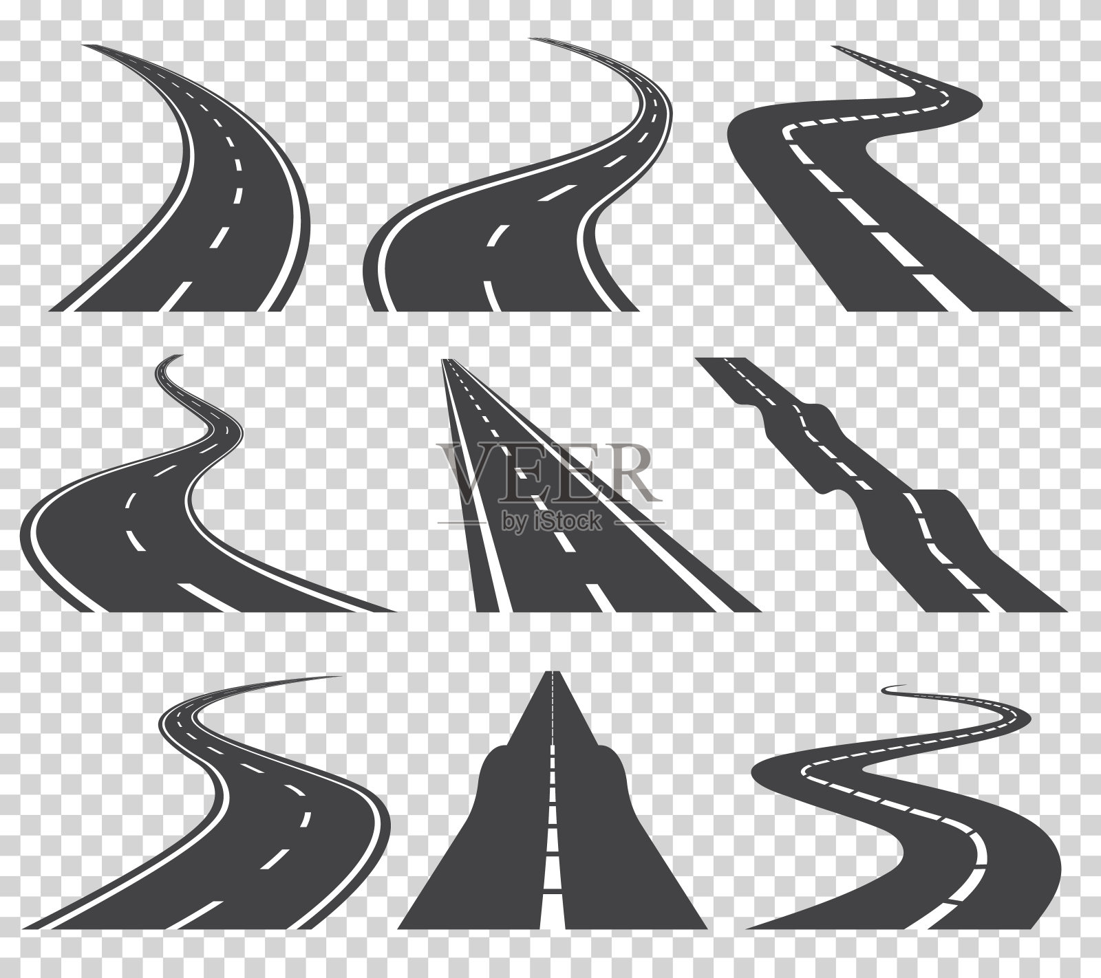 曲线道路向量集。沥青路面或道路及弯道公路。有标记的弯曲道路或公路设计元素图片