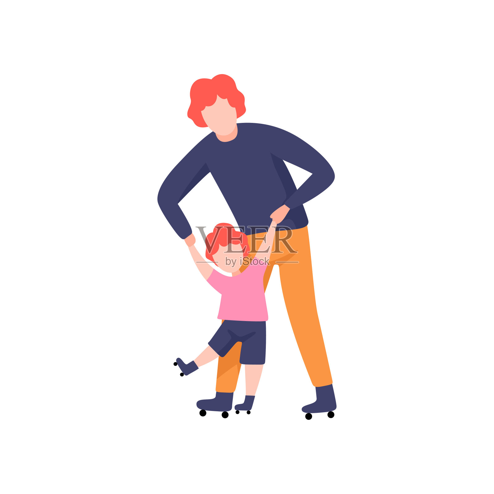 爸爸教女儿溜冰滚轴，爸爸有很好的时间与他的孩子矢量插图插画图片素材