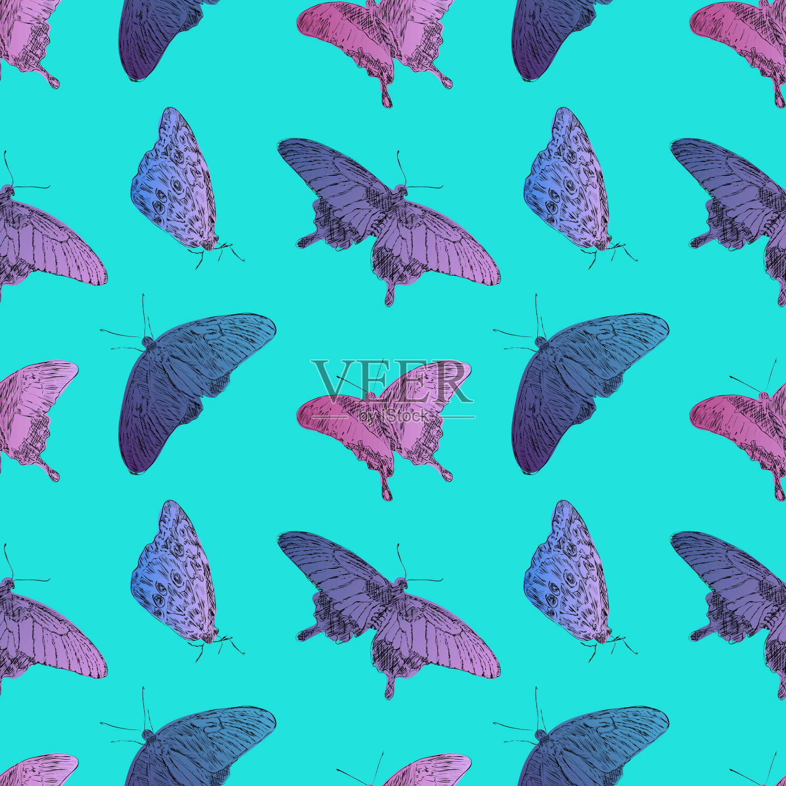 无缝图案与粉红色和紫色蝴蝶在绿松石背景插画图片素材