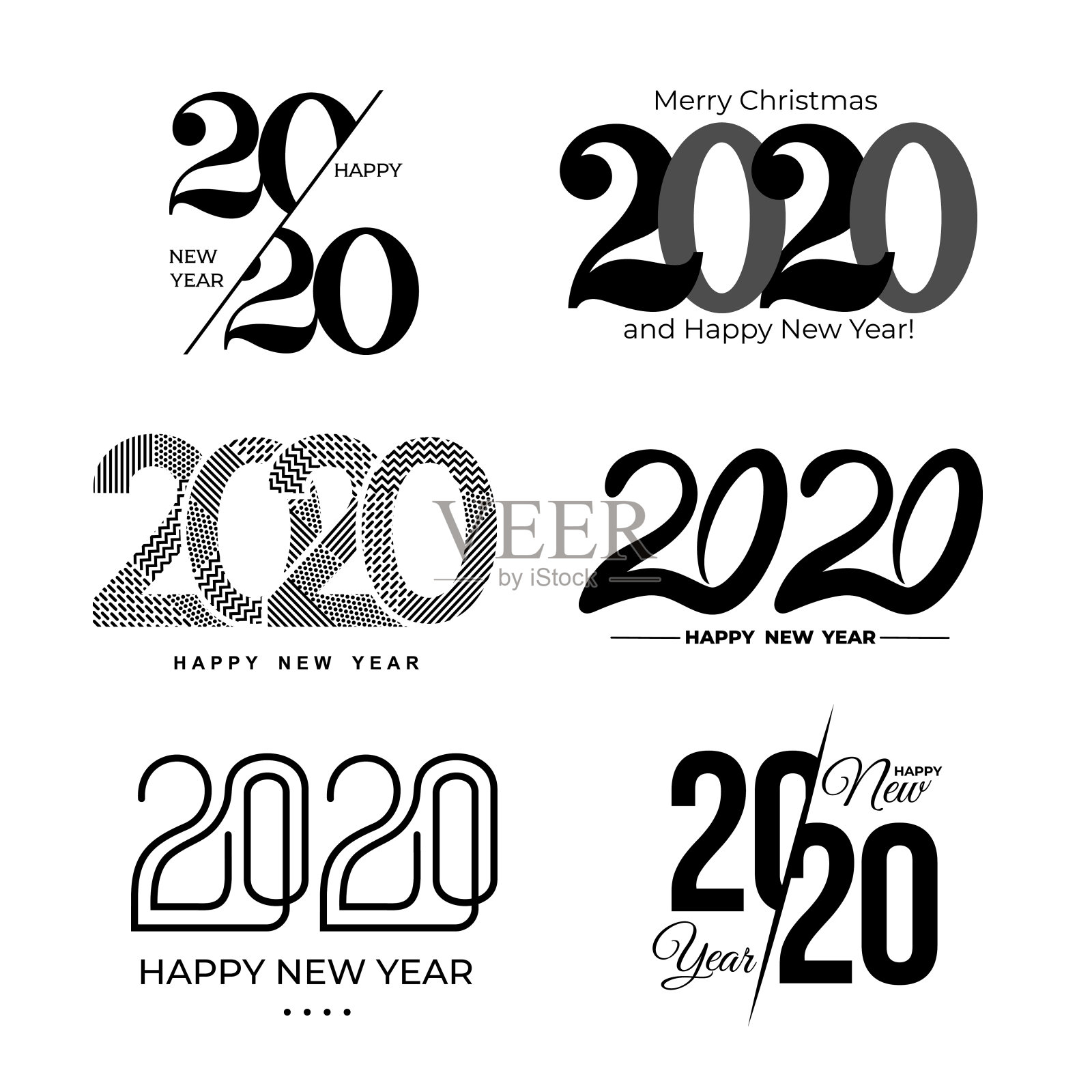 大套2020文字设计图案。新年快乐，节日快乐。矢量插图。孤立在白色背景上。插画图片素材