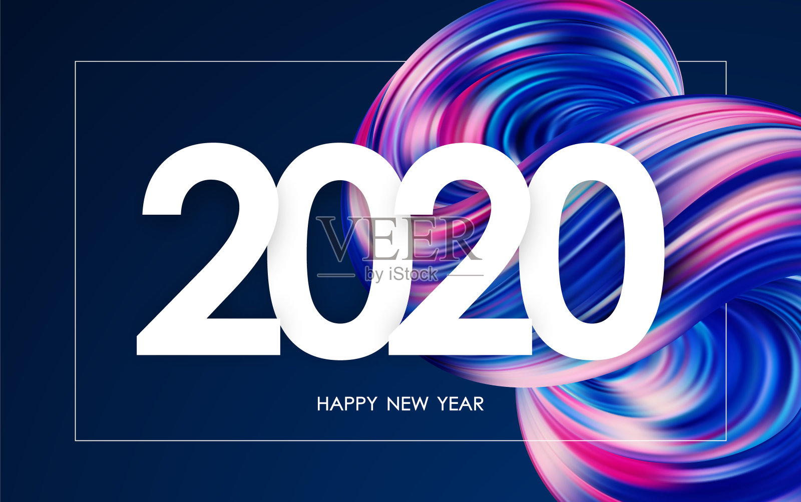 2020年新年快乐。贺卡与彩色3d抽象流体形状。时尚的设计插画图片素材
