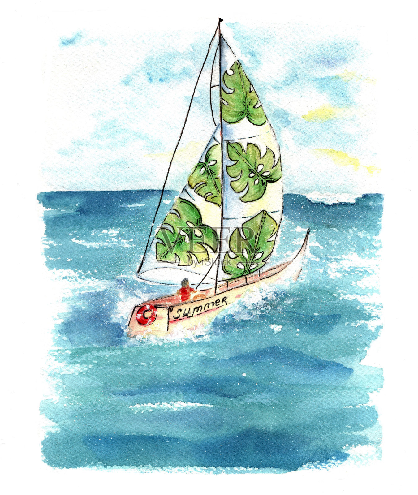 在海上航行的水彩船。明亮欢快的船帆上长着热带的大叶子。海洋主题插画图片素材