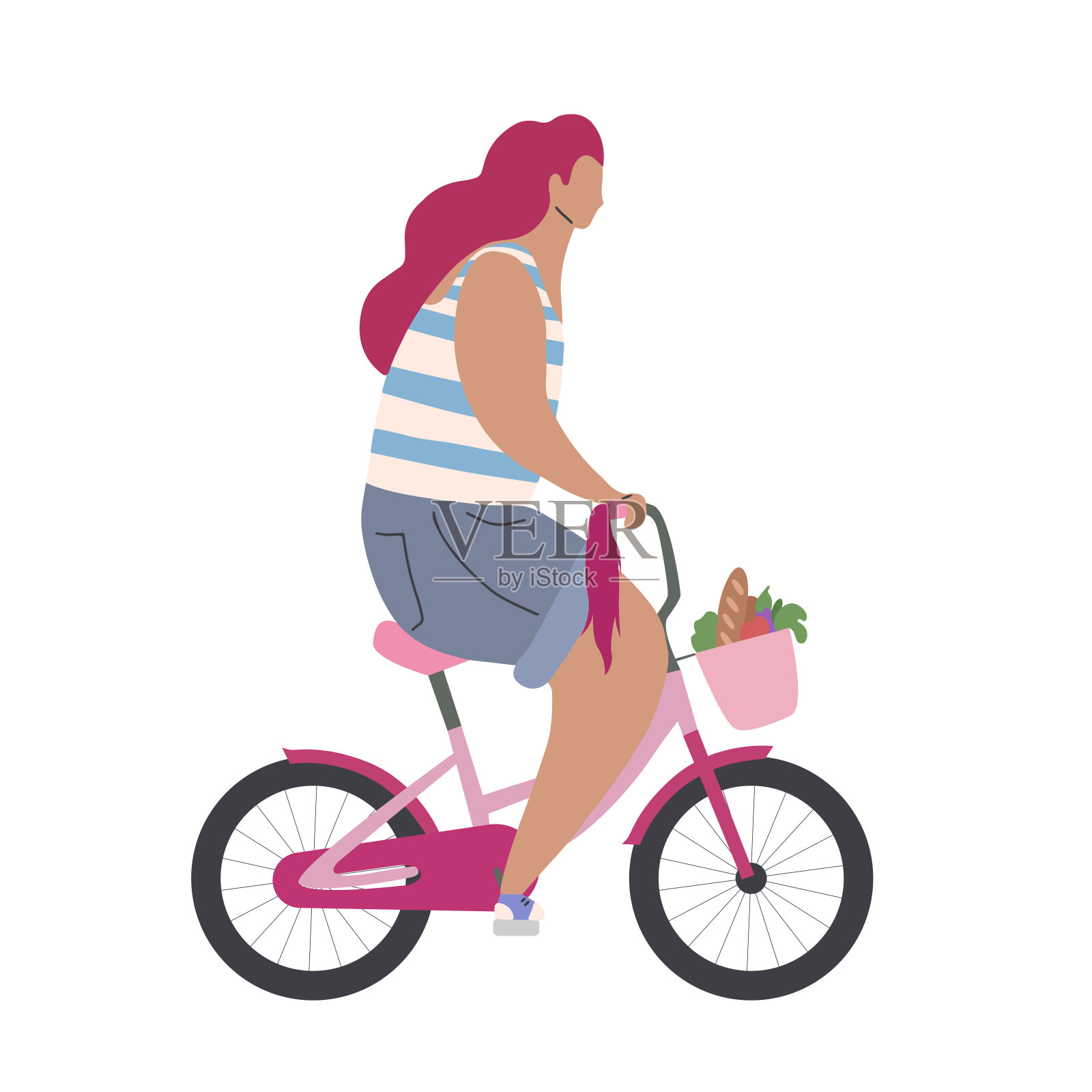 活跃的现代潮女孩在粉红色的自行车购物。现代平面插图侧视图。夏季运动生活方式。设计元素图片