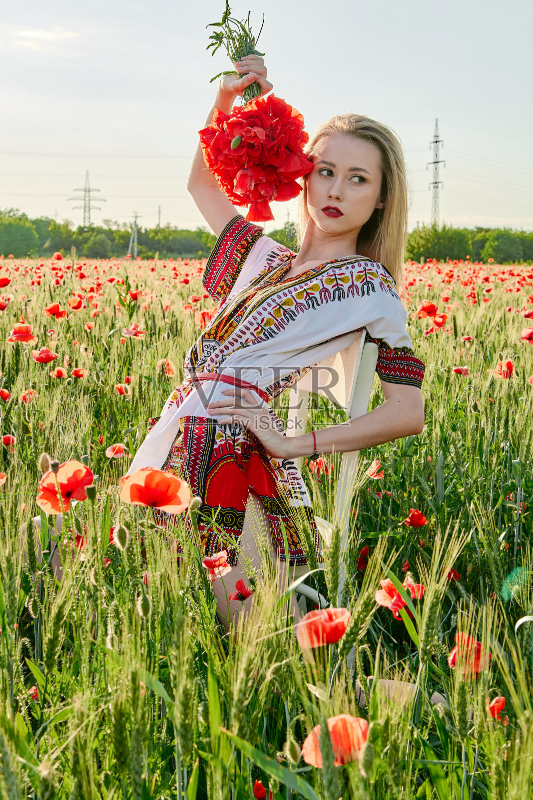 金发碧眼的年轻女子穿着白色短裙，站在绿色的麦田和野罂粟地上。照片摄影图片