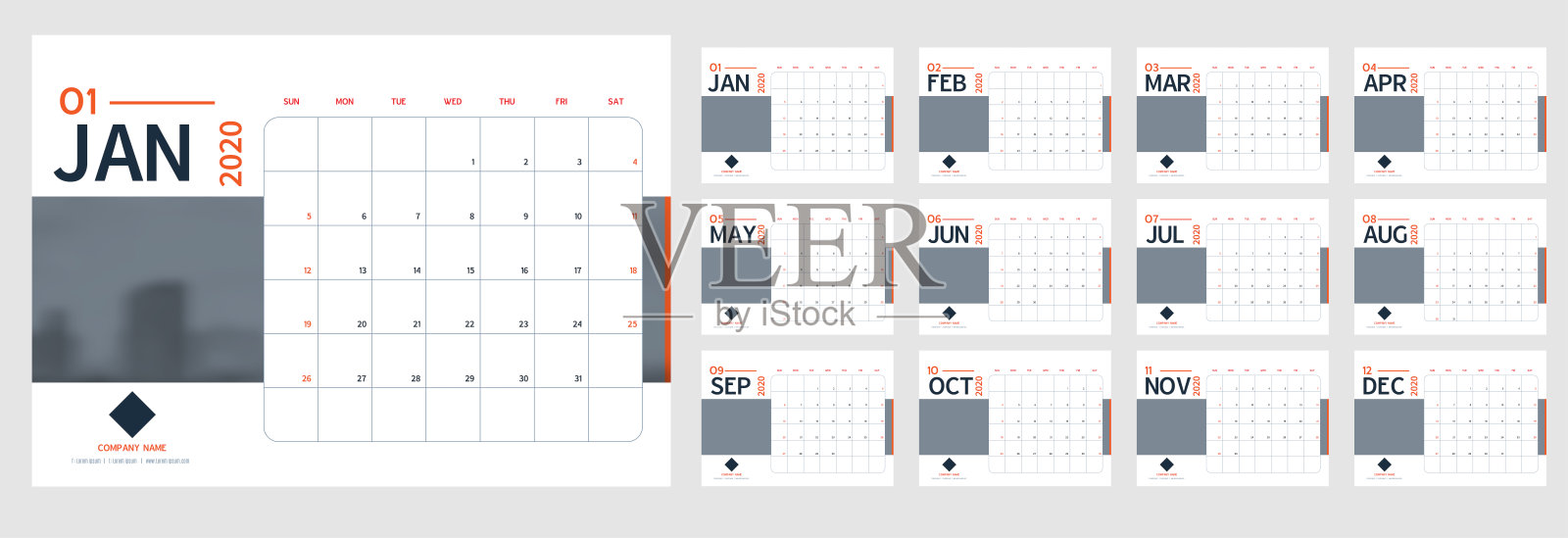 矢量2020年新年日历计划模板在最小表简单的风格蓝色和灰色，橙色，节日活动计划，周开始周日。12个月布局年度日历。时间表的日记。设计模板素材