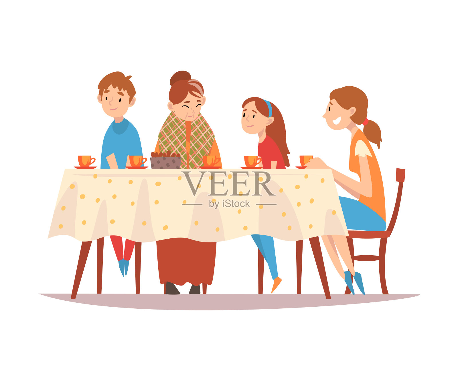 快乐的家庭坐在餐桌旁，喝茶聊天，快乐的母亲，祖母和孩子一起吃饭矢量插图插画图片素材