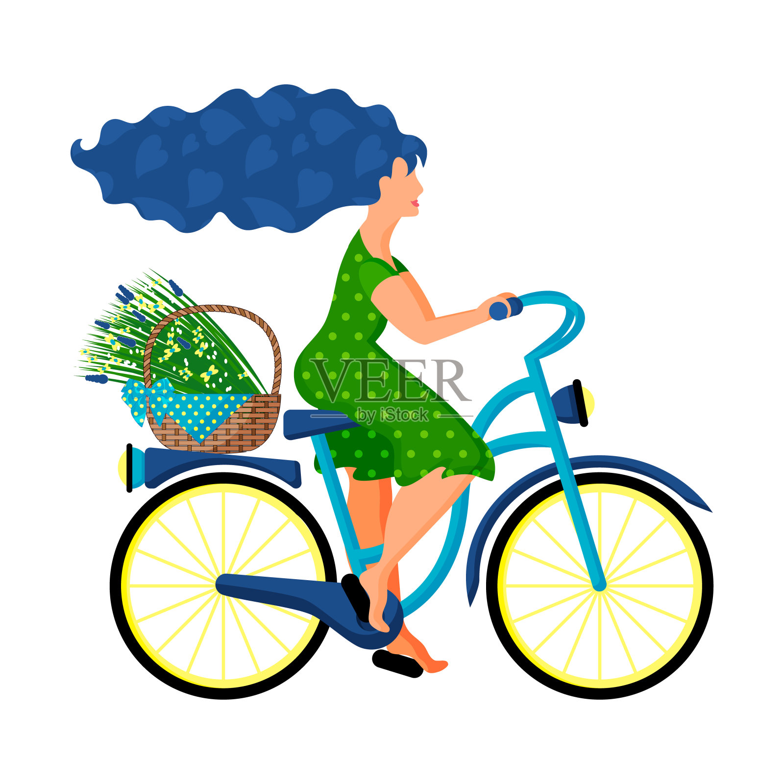 一位身穿绿色连衣裙的年轻女子骑着自行车，手里提着一篮野花。插画图片素材