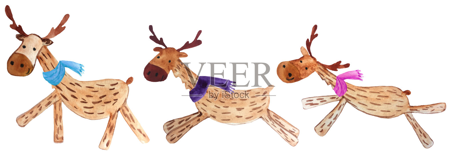 一套有趣的卡通圣诞鹿在彩色围巾。水彩插图版画和海报。插画图片素材