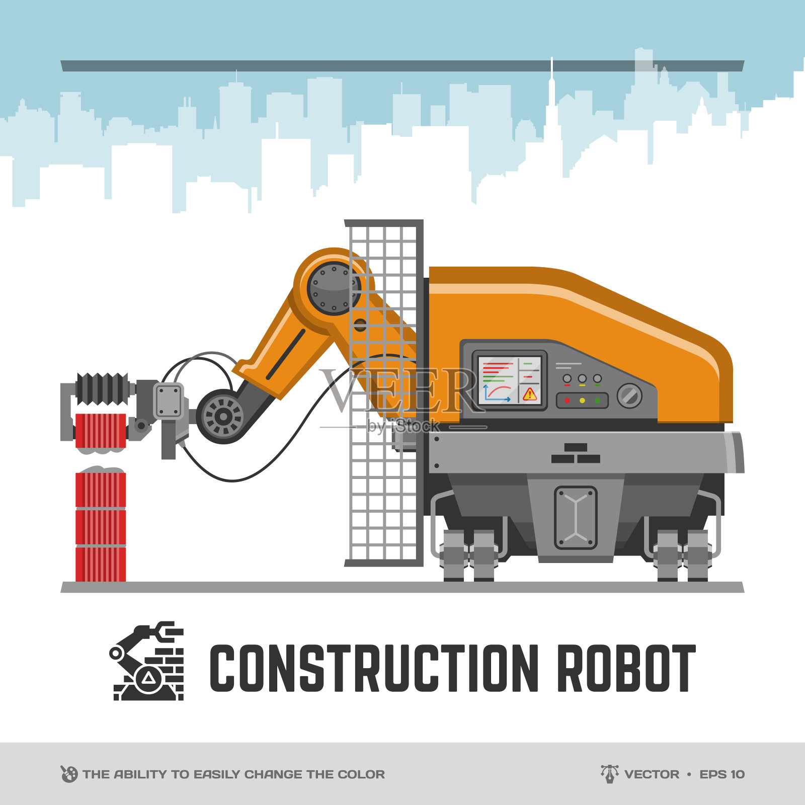 建筑机器人平面插图与自动砌砖自动机器模型(能够轻松改变颜色)和字形图标。插画图片素材