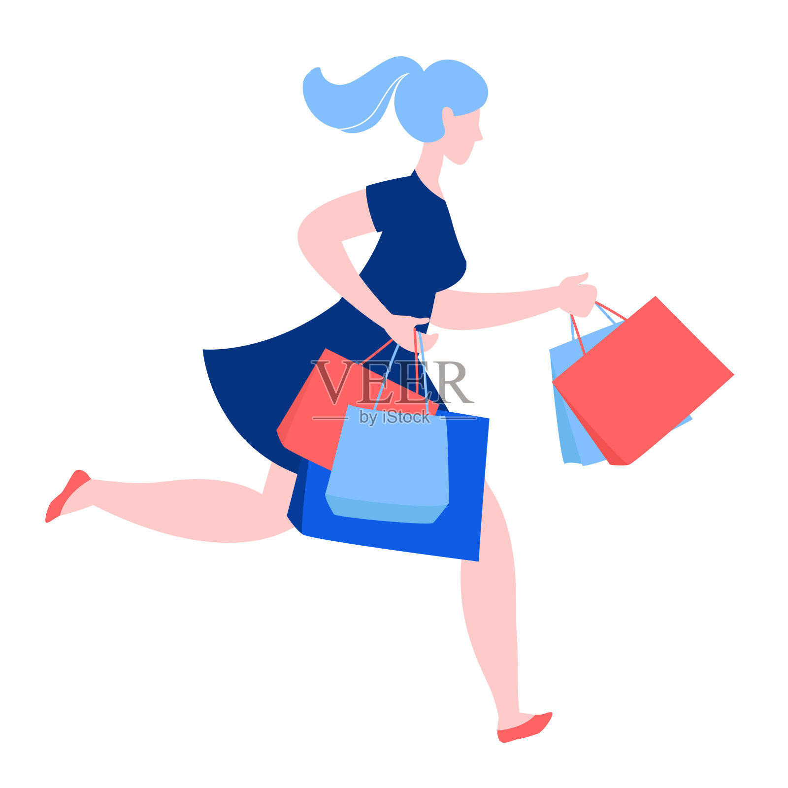 女人跑着买纸袋。黑色星期五夏季大减价开始。插画图片素材