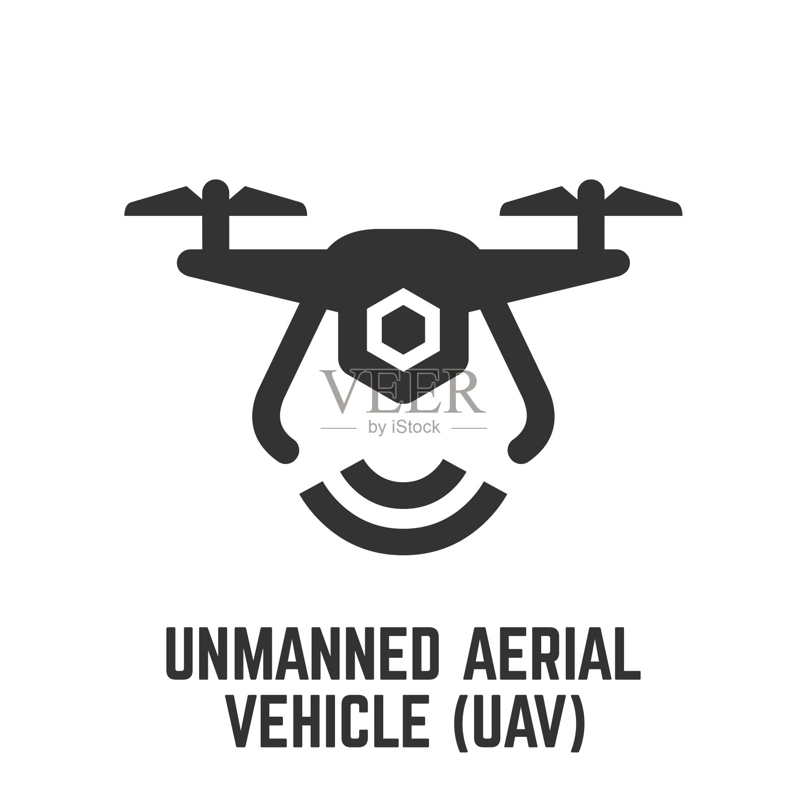 Unmanned aerial vehicle icon with UAV drone or aircraft robot and wireless signal glyph symbol.插画图片素材