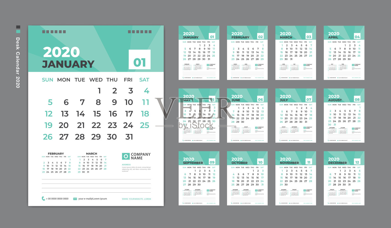 桌面日历2020模板，周日开始一周。一套12个月。计划模板。绿色背景。垂直页向量Eps10。设计模板素材