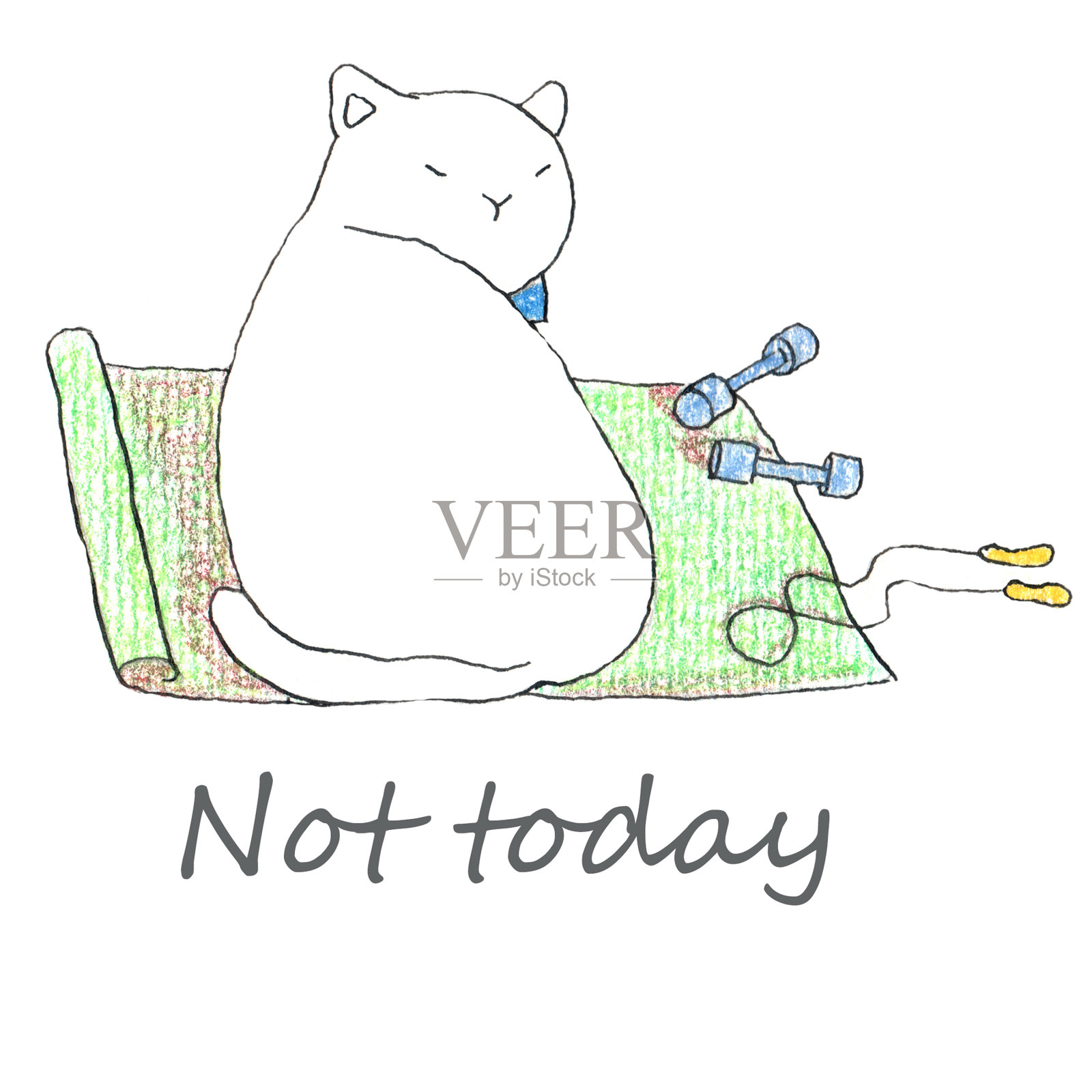 胖而有趣的白猫坐在绿色的瑜伽垫上插画图片素材
