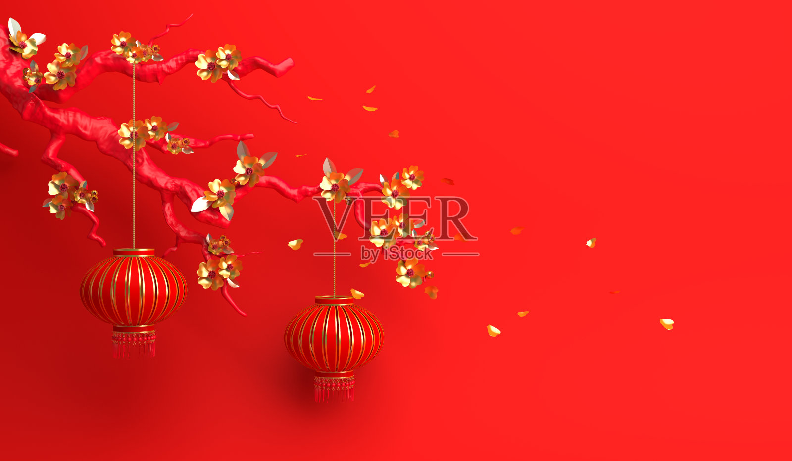 红金樱花花枝、樱花、灯盏。设计创意中国节日庆典喜庆发菜。照片摄影图片