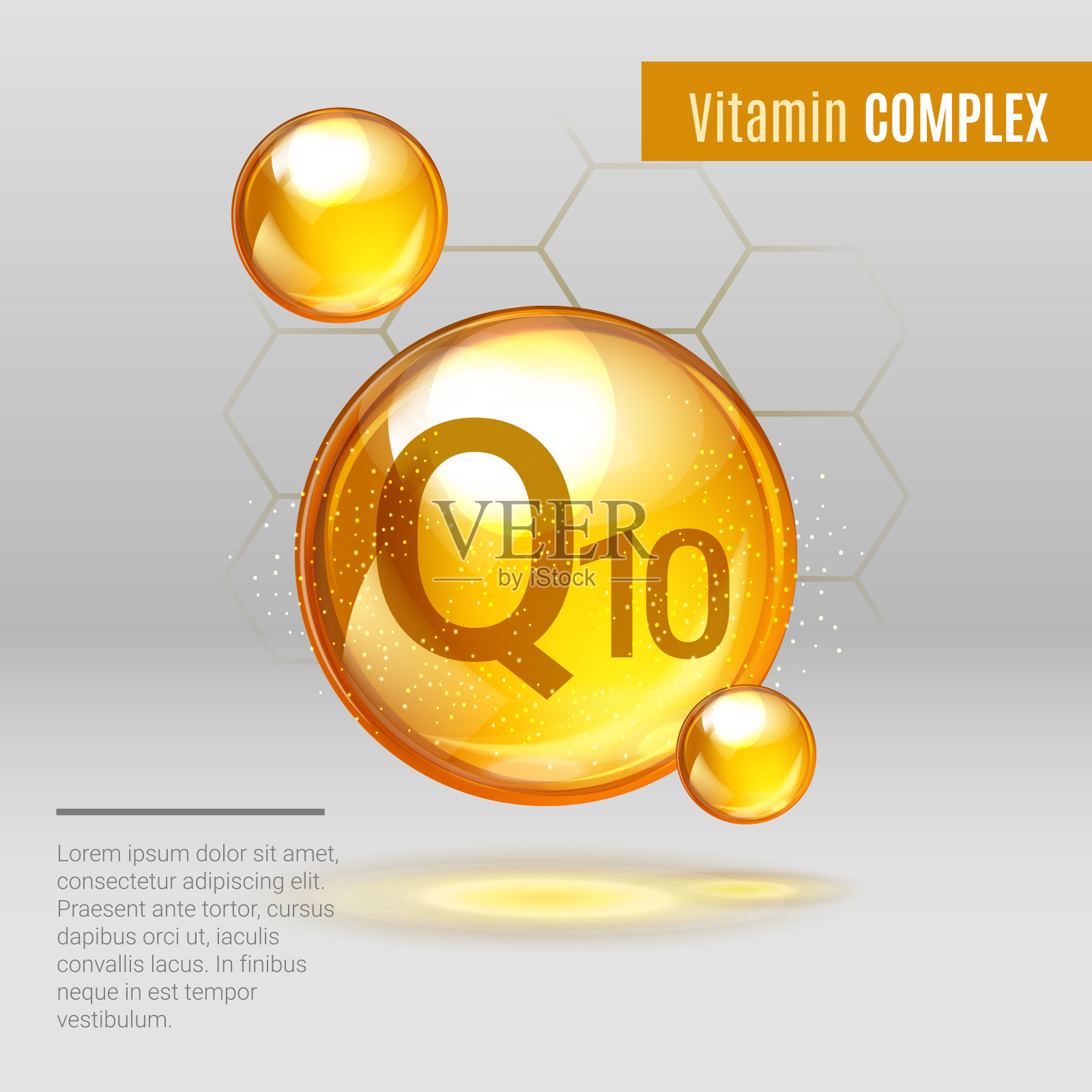 维生素Q10黄金闪光丸胶囊图标。化学式维生素复合物，辅酶Q，泛素。闪亮的金色物质滴。健康药物，美容广告，矢量插图插画图片素材