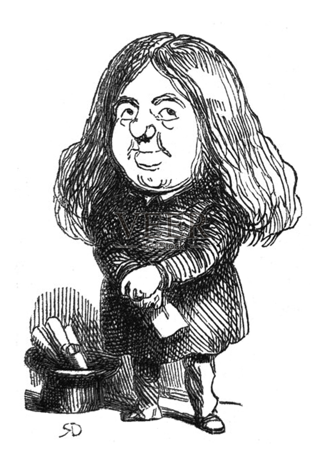 英国讽刺漫画漫画漫画插图-一个非常大的头和长头发的男人插画图片素材