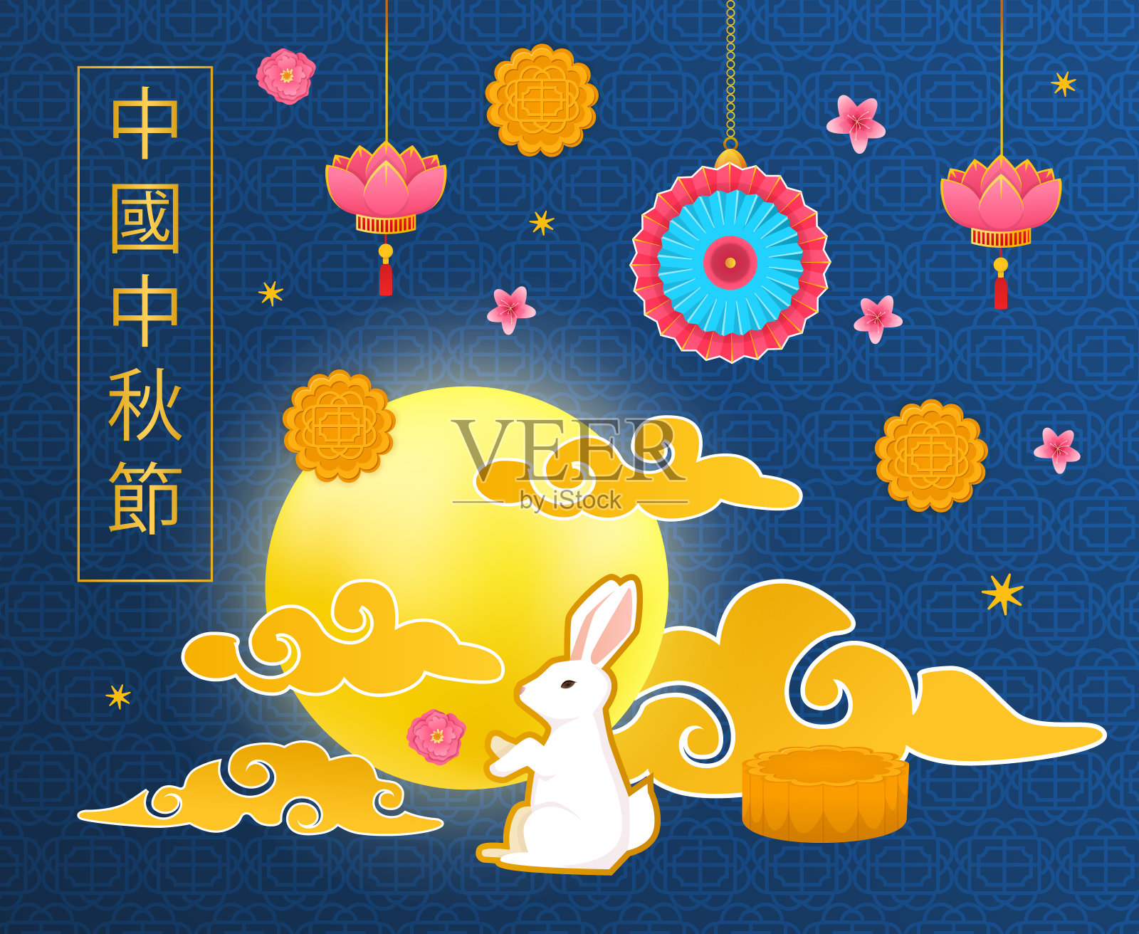 中秋的象征，兔在天云的背景上。设计模板素材