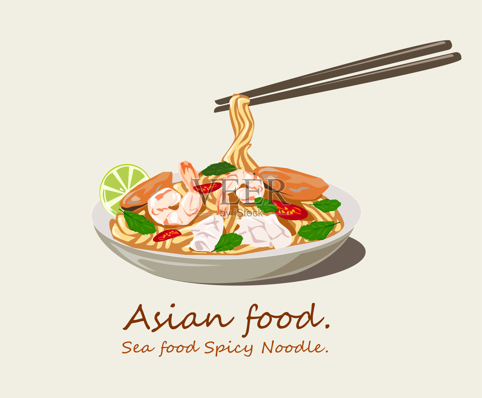 美味的麻辣面条配海鲜盘和一双筷子。插画图片素材
