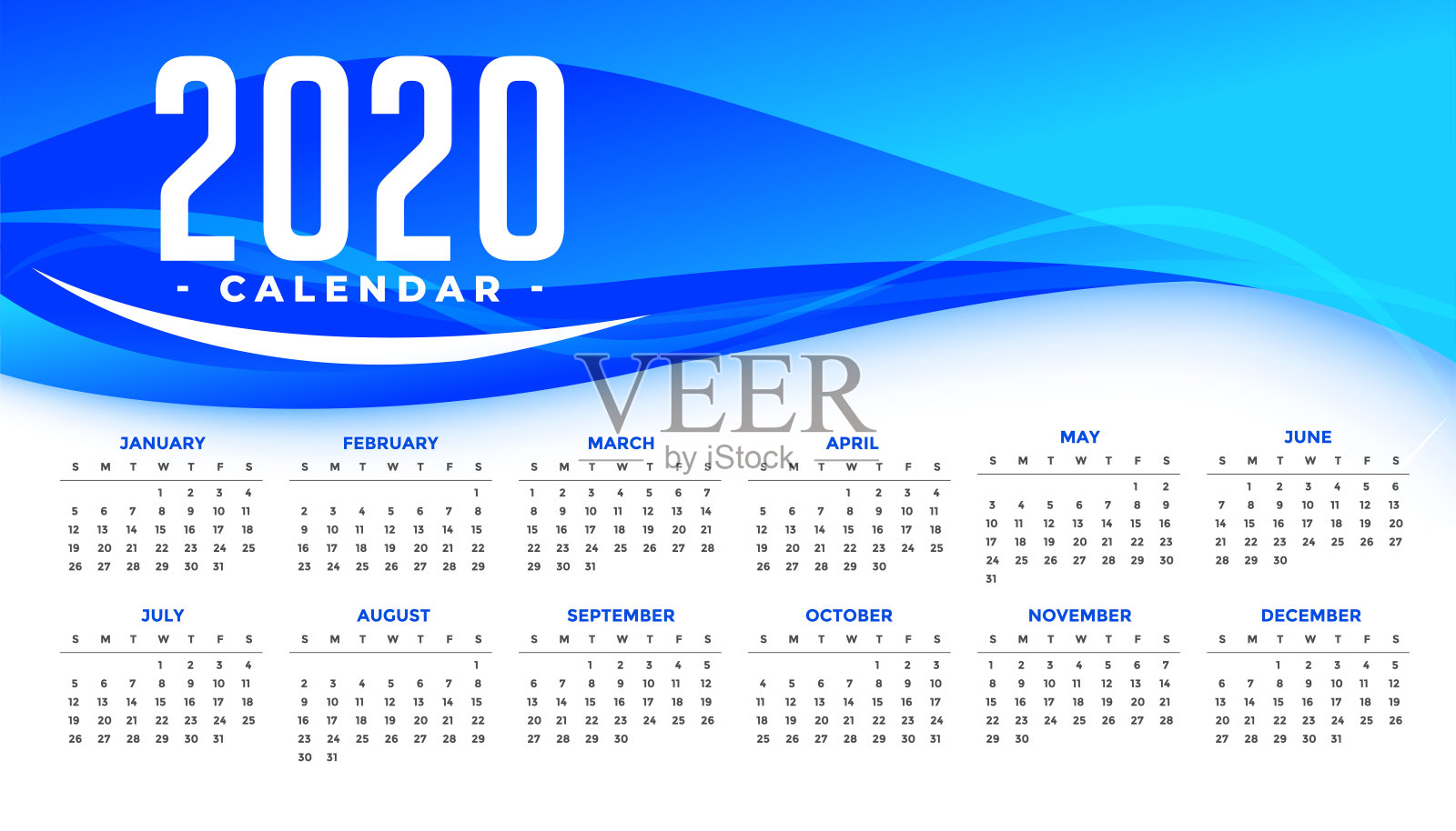 2020年新年快乐日历模板与抽象的蓝色波浪设计模板素材