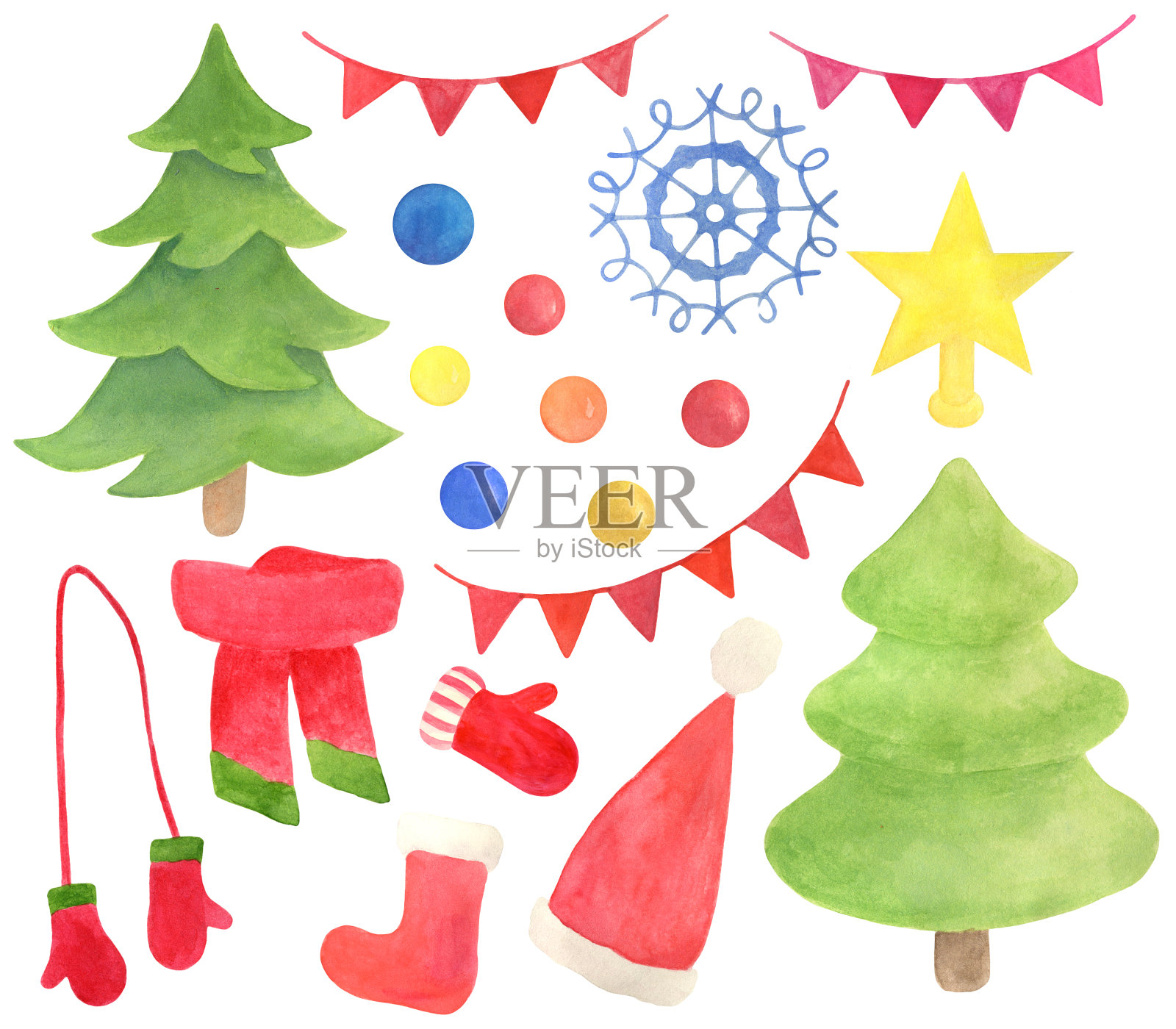 水彩圣诞节。手绘圣诞树，星星，球和装饰品，花环，雪花，手套，围巾，袜子。庆祝元素孤立在白色背景设计，卡片。插画图片素材